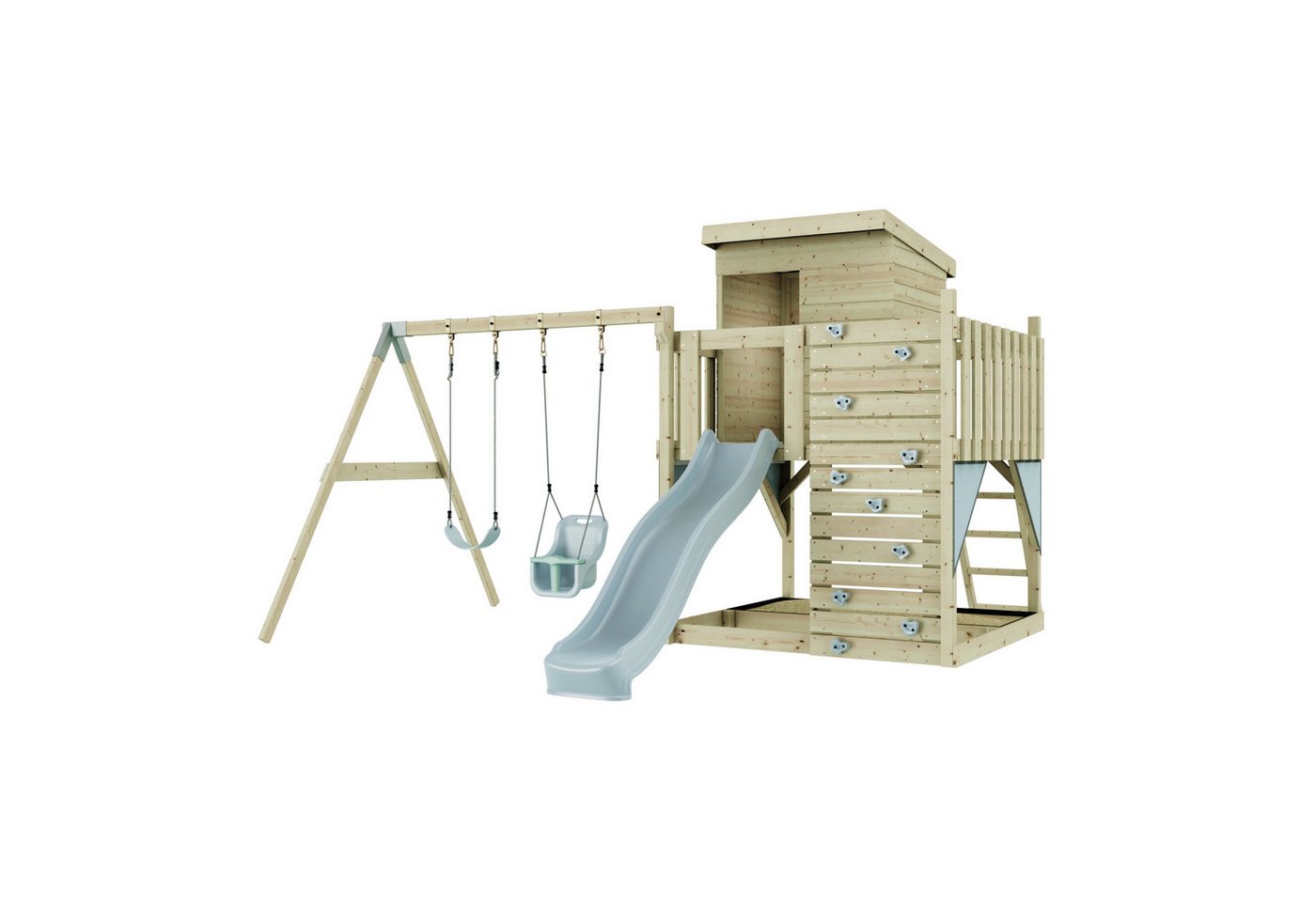 OutdoorToys Spielturm Björn aus Holz in Eisblau mit Babyschaukel & Rutsche, Kletterwand, aus Holz in Eisblau mit Babyschaukel & Rutsche, Kletterwand
