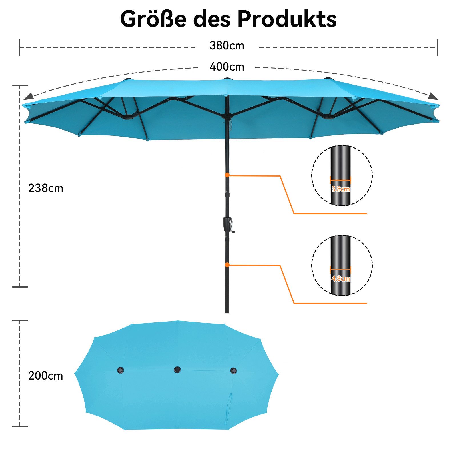 Puluomis Sonnenschirm Balkonschirm ohne Ständer Strandschirm Gartenschirm UPF 50+ mit Kurbel, LxB: 400x200 cm, Sommer, wasswedicht grau/beige