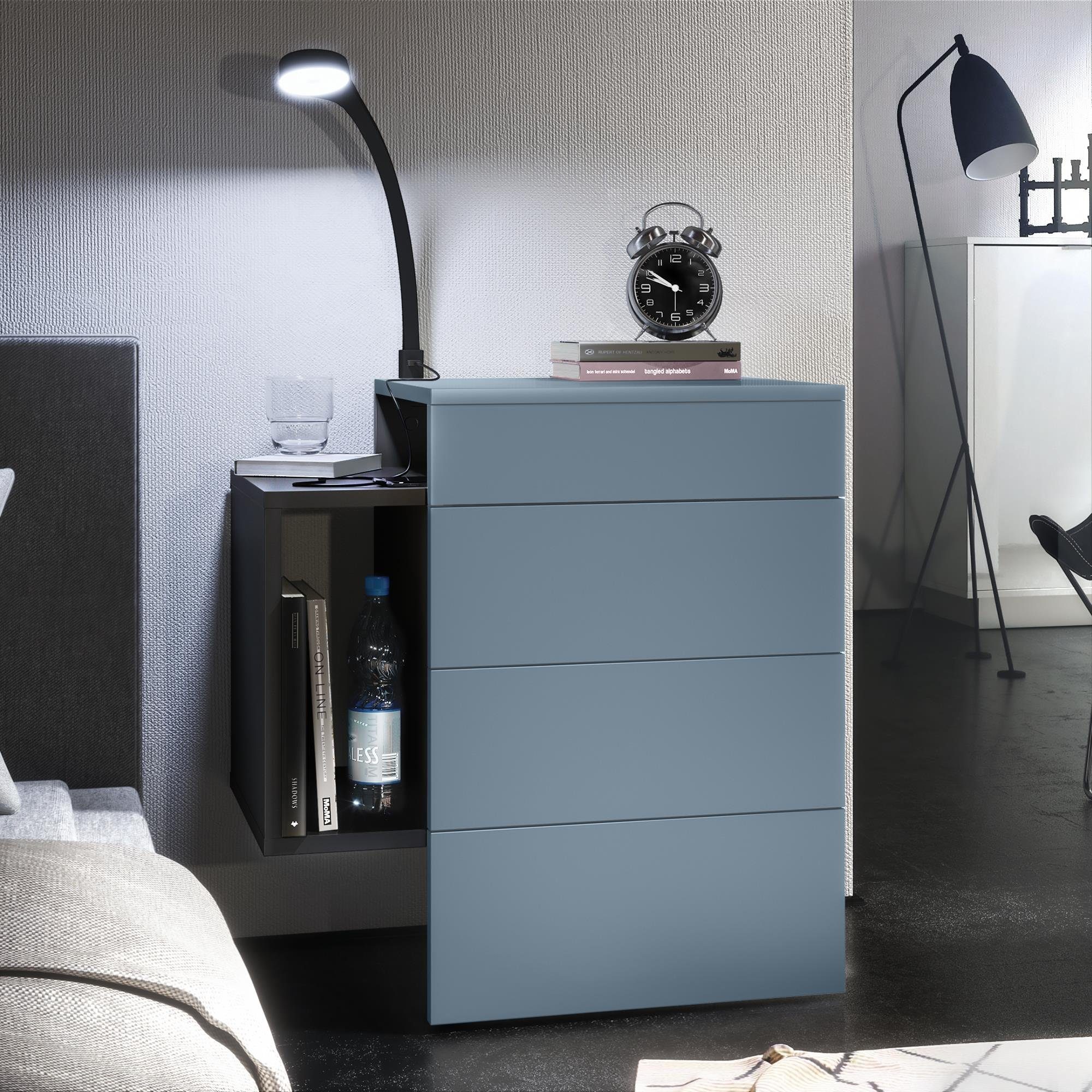 Vladon Nachttisch Queens (Nachttischschrank mit 2 Schubladen, und 1 seitlichem Fach zur Wandmontage), Schwarz matt/Denim matt inkl. LED Flexi Lampe (60 x 63 x 36 cm)