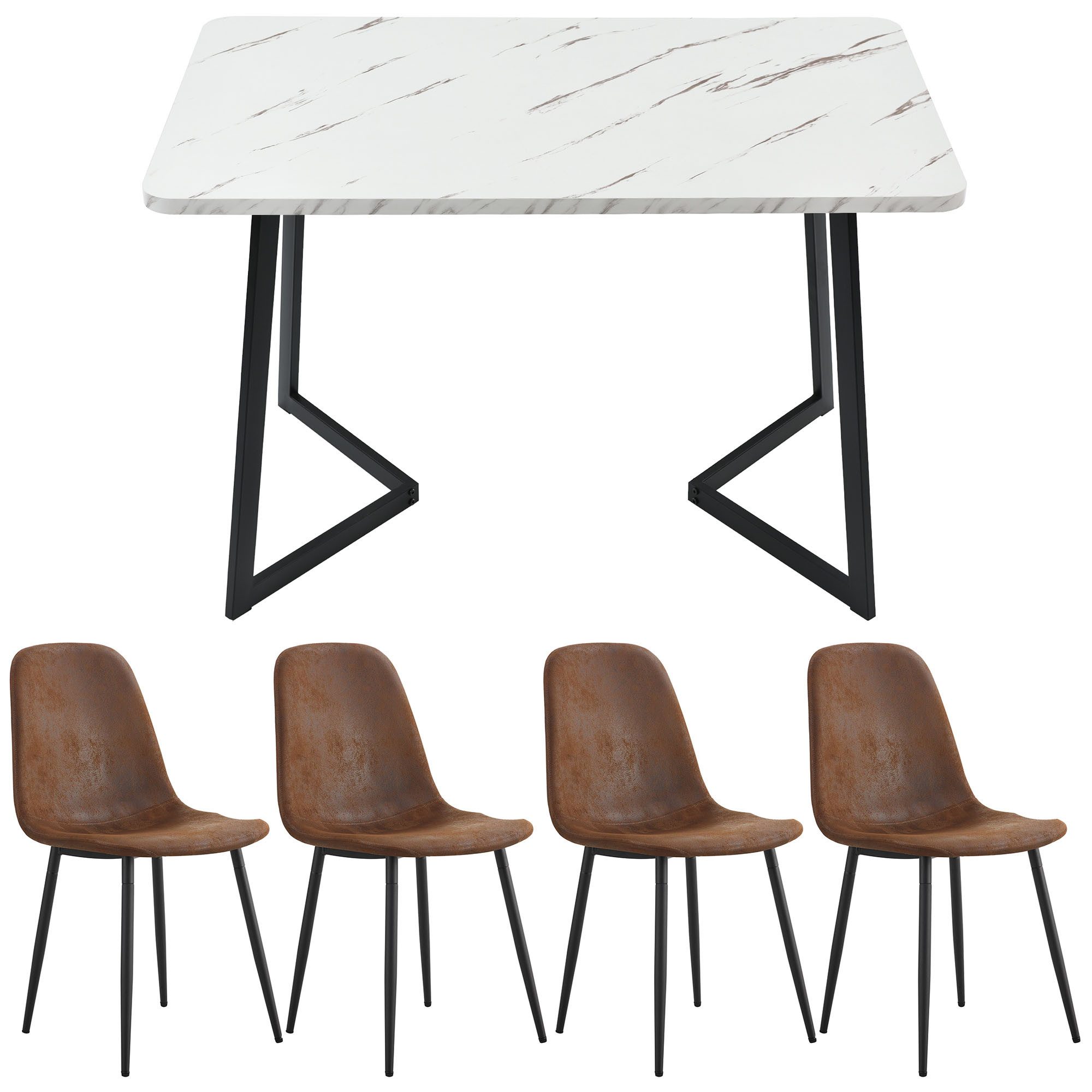 Essgruppe, (5-tlg., 117x68 cm Esstisch mit 4x Stühlen), Küchentisch Set, Kunstleder Esszimmerstuhl, Metallbeine