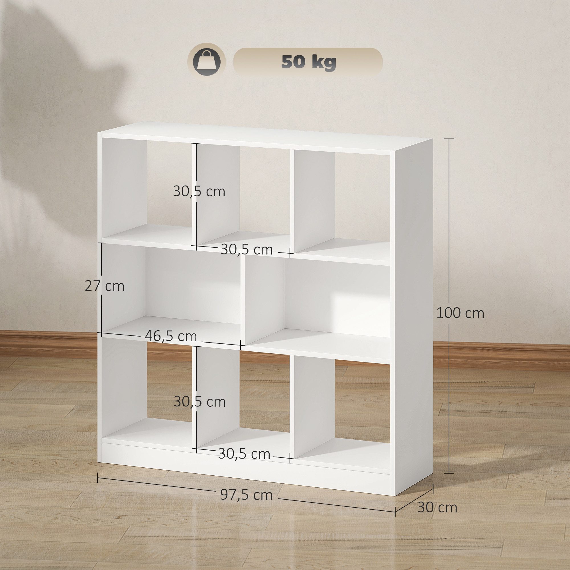 HOMCOM Bücherregal 3-stöckig, Büroregal 1-tlg., für Home-Office Wohnzimmer Weiß 97,5 x 30 x 100 cm