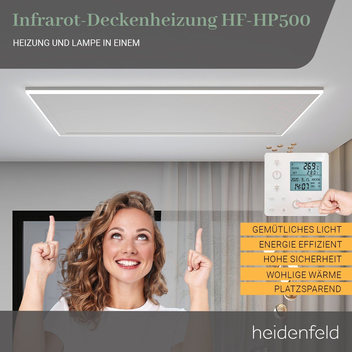 Heidenfeld Infrarotheizung 390 - 800 W Decken Elektroheizung HF-HP500 - 10 günstig online kaufen
