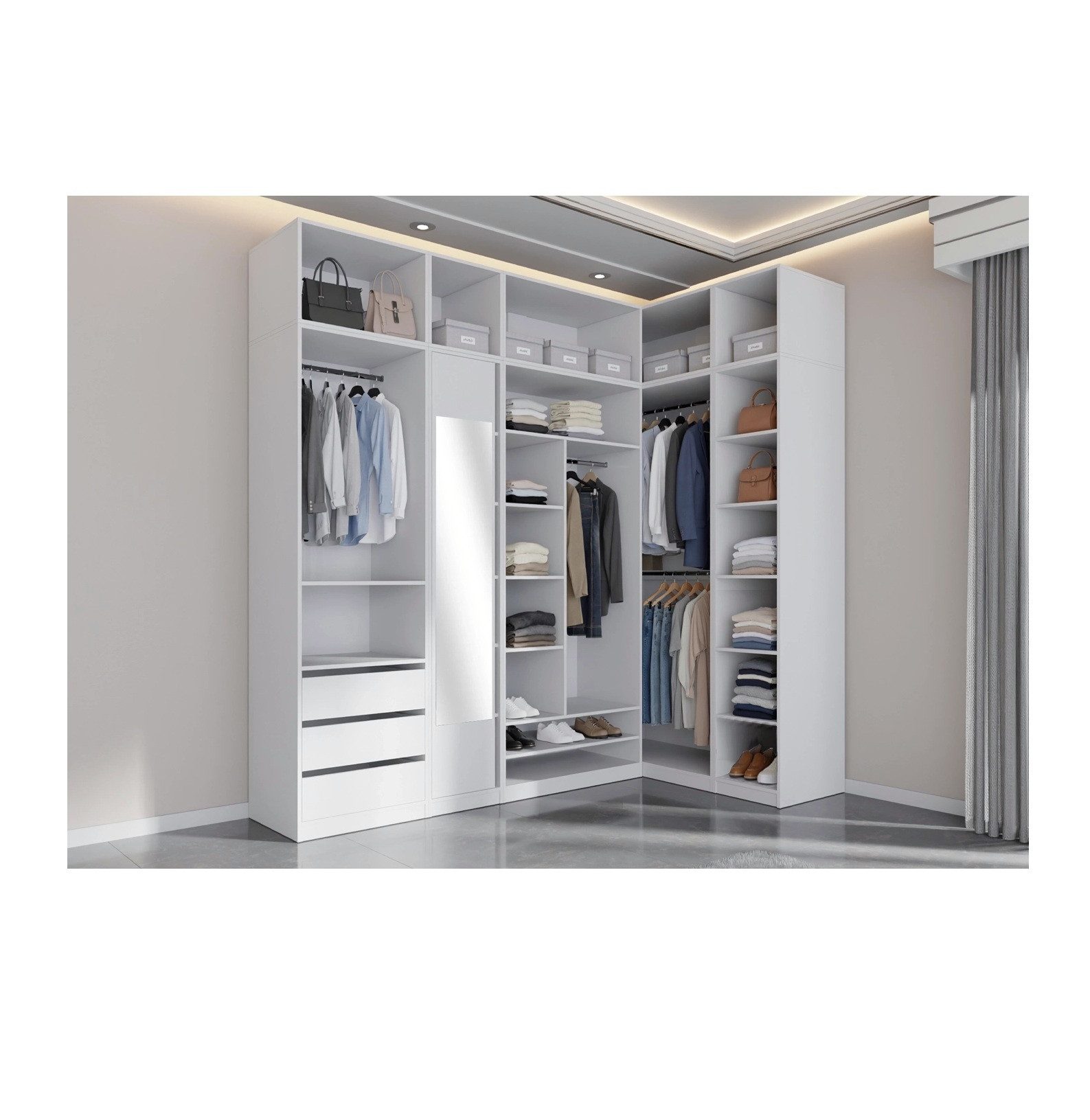 Marmex Möbel Schranksystem TRES SET 33/NB begehbarer Kleiderschrank, Einbauschrank + Aufsätze (10-St) Soft-Close-Scharniere-Spiegelschrank, Schubladen