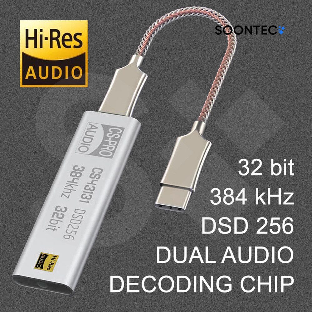 SOONTEC Hi-Res DAC Soundkarte 384kHz DSD256 CS43131/USB-C/Lightning/zu 3,5 mm Kopfhörerverstärker