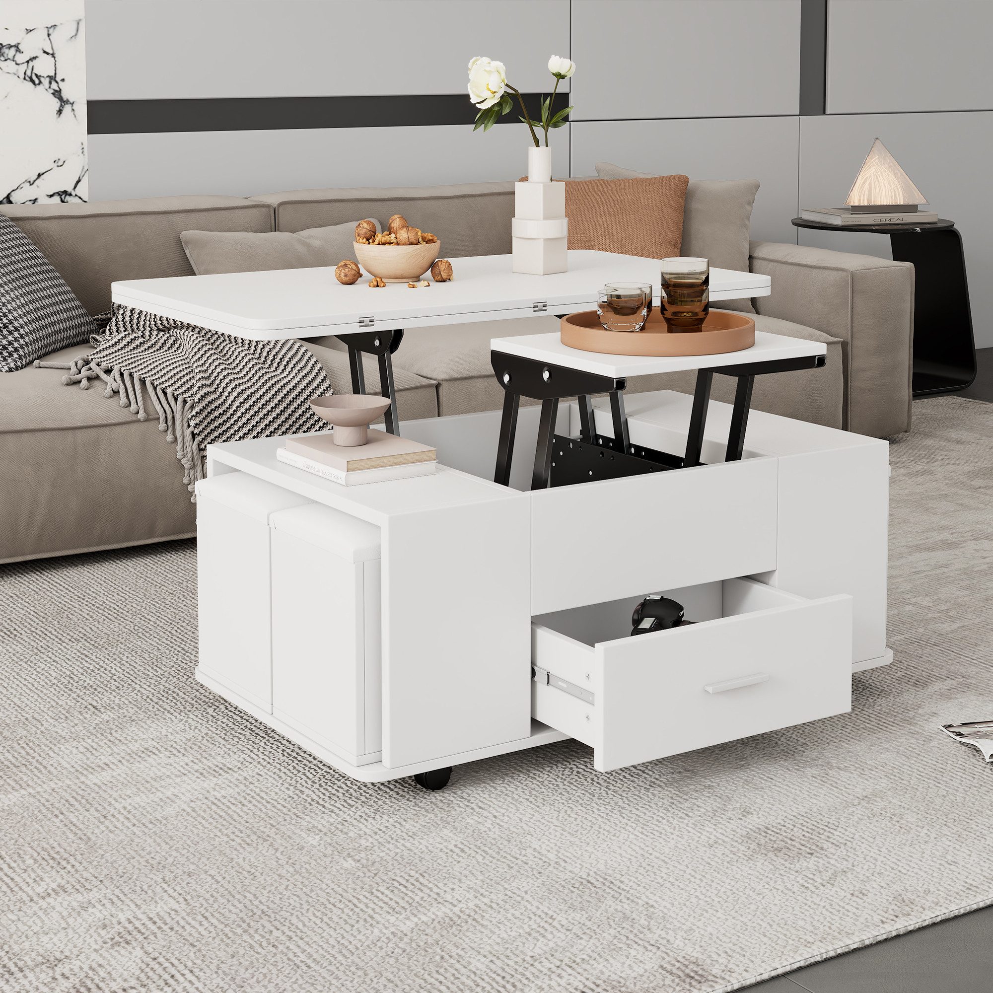 Merax Couchtisch 4-in-1 höhenverstellbarer Sofatisch mit ausklappbarer Tischplatte (1-St., wandelbar vom Sofatisch zum Esstisch), Wohnzimmertisch mit Schublade, – Bild 3 von 5