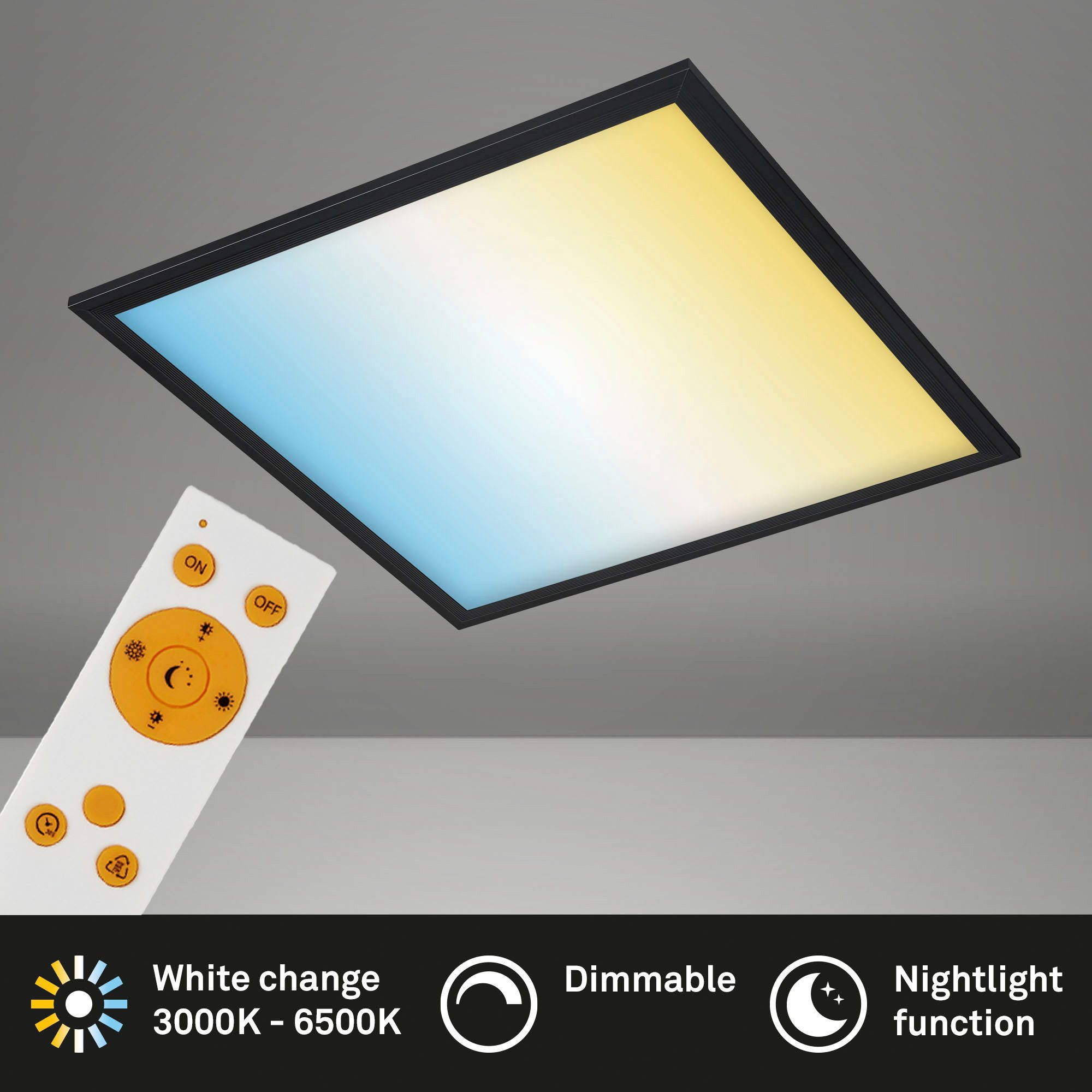 Briloner Leuchten LED Panel Ultraflaches CCT LED Panel, CCT - über Fernbedienung, Dimmer, Dimmfunktion, Ein-/Ausschalter, Farbsteuerung, Memoryfunktion, Nachtlichtfunktion, Timerfunktion, dimmbar über Fernbedienung, mehrere Helligkeitsstufen, LED fest integriert, warmweiß - kaltweiß, Deckenleuchte, schwarz, 1xLED/24W, Fernbedienung, Nachtlicht
