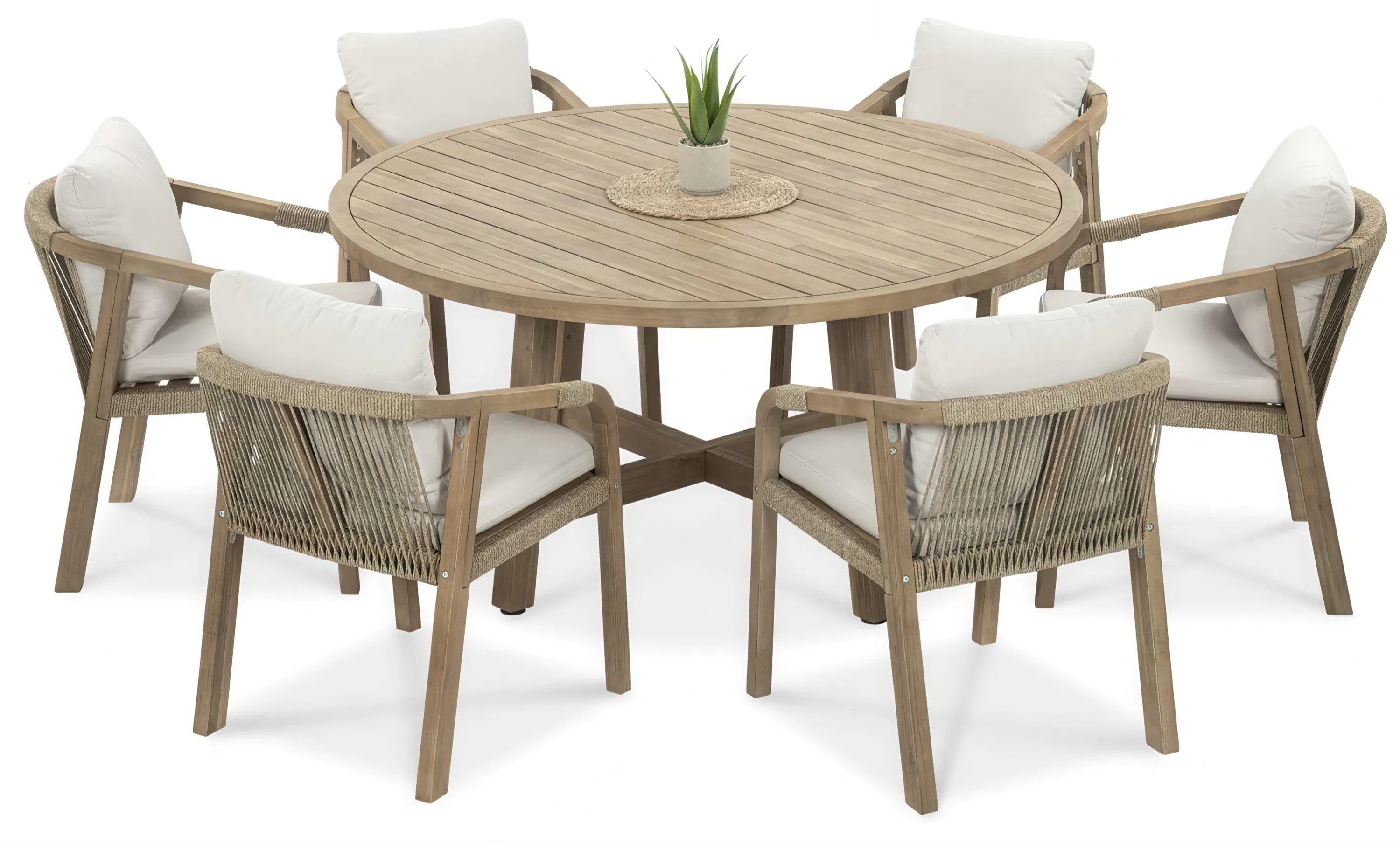 furrore Garten-Essgruppe "MARIGOLD 6+1", 6-Sitzer + Rundtisch, handgeflochtene Rope-Lehnen, (7-tlg), Akazienholz, mit Sitzkissen, Geflecht, Scandi - Boho, Gartenmöbel-Set