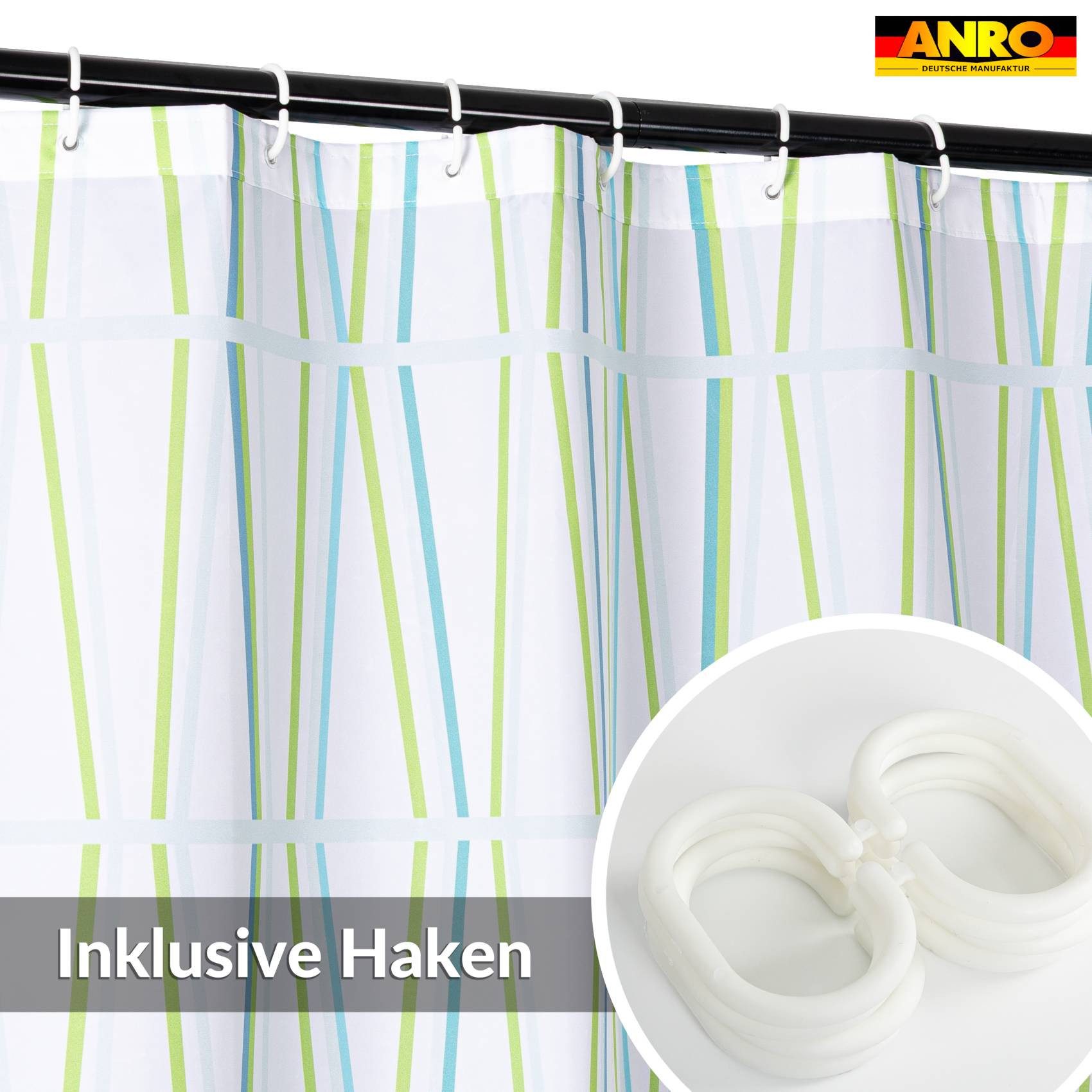 ANRO Duschvorhang FASTY Bambus Anti-Schimmel Polyester Badezimmervorhang Bad-Stoff Breite 120 cm (Packung, 1-tlg., Duschvorhang inkl. Aufhängeringe), robuster Vorhang Stangenaufhängung 120x200cm Skandinavisch Grün