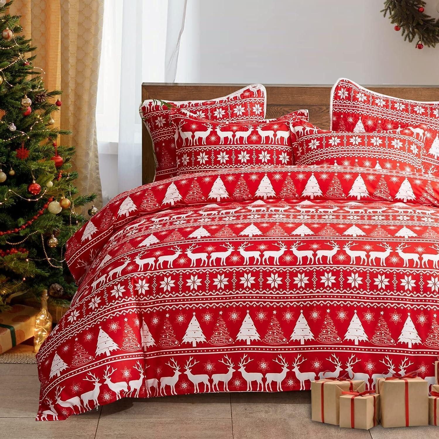 LuxusKollektion Jugendbettwäsche Bettwäsche 135x200 4tlg Weihnachts Rot Elch