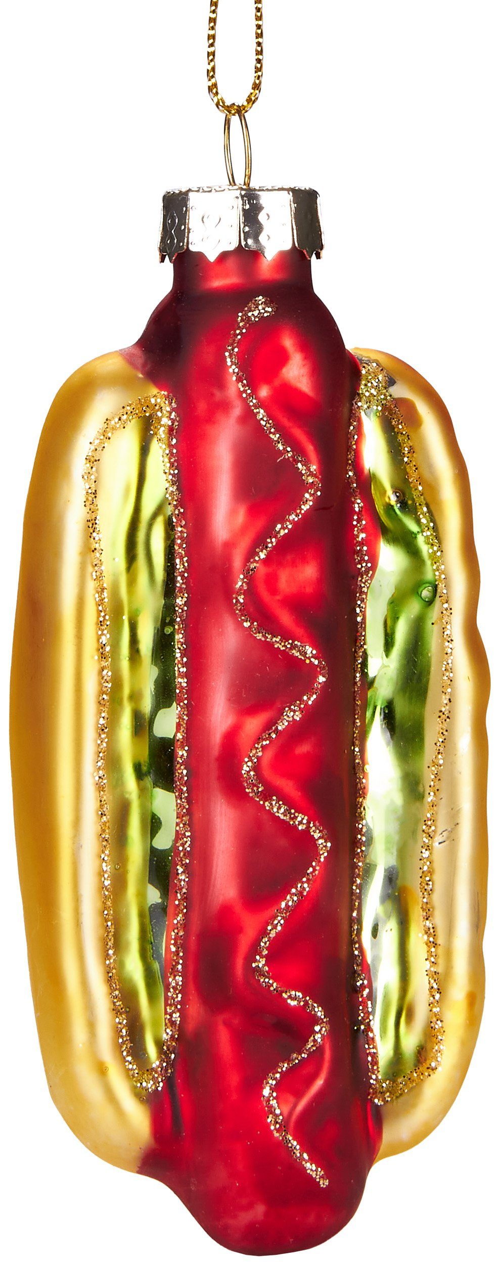 BRUBAKER Christbaumschmuck Mundgeblasene Weihnachtskugel Dänischer Hot Dog, Fast Food Weihnachtsdekoration aus Glas, handbemalt, lustige Baumkugel - 10 cm