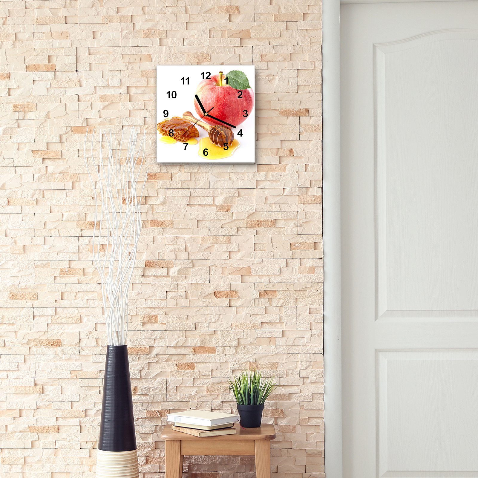 Apfel mit Wanduhr x cm Motiv und 30 Honig Primedeco Größe Glasuhr Wandkunst Wanduhr 30