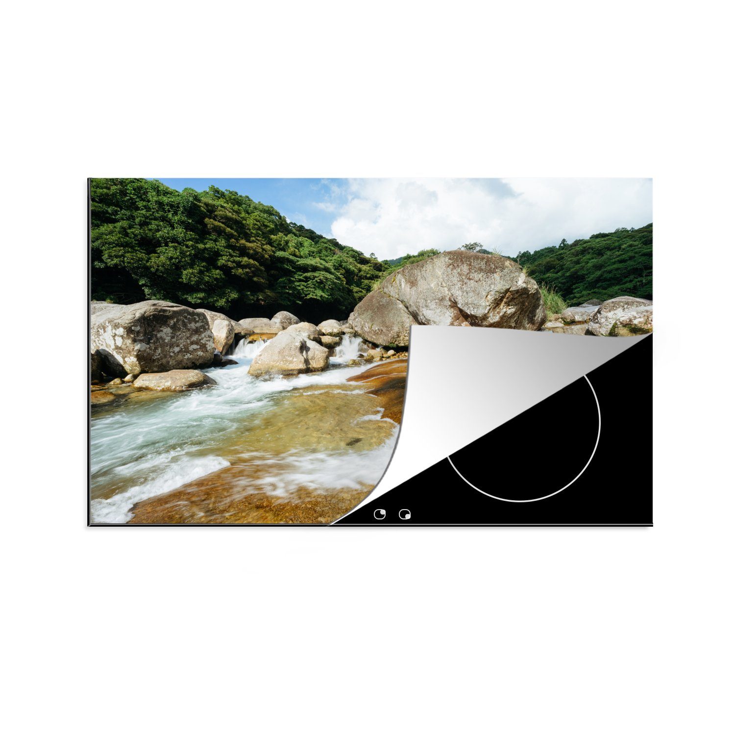 Ceranfeldabdeckung Induktionskochfeld tlg), (1 cm, den zwischen für küche, Japan, Felsen die in 81x52 Yakushima Wasser Herdblende-/Abdeckplatte Vinyl, von Schutz MuchoWow