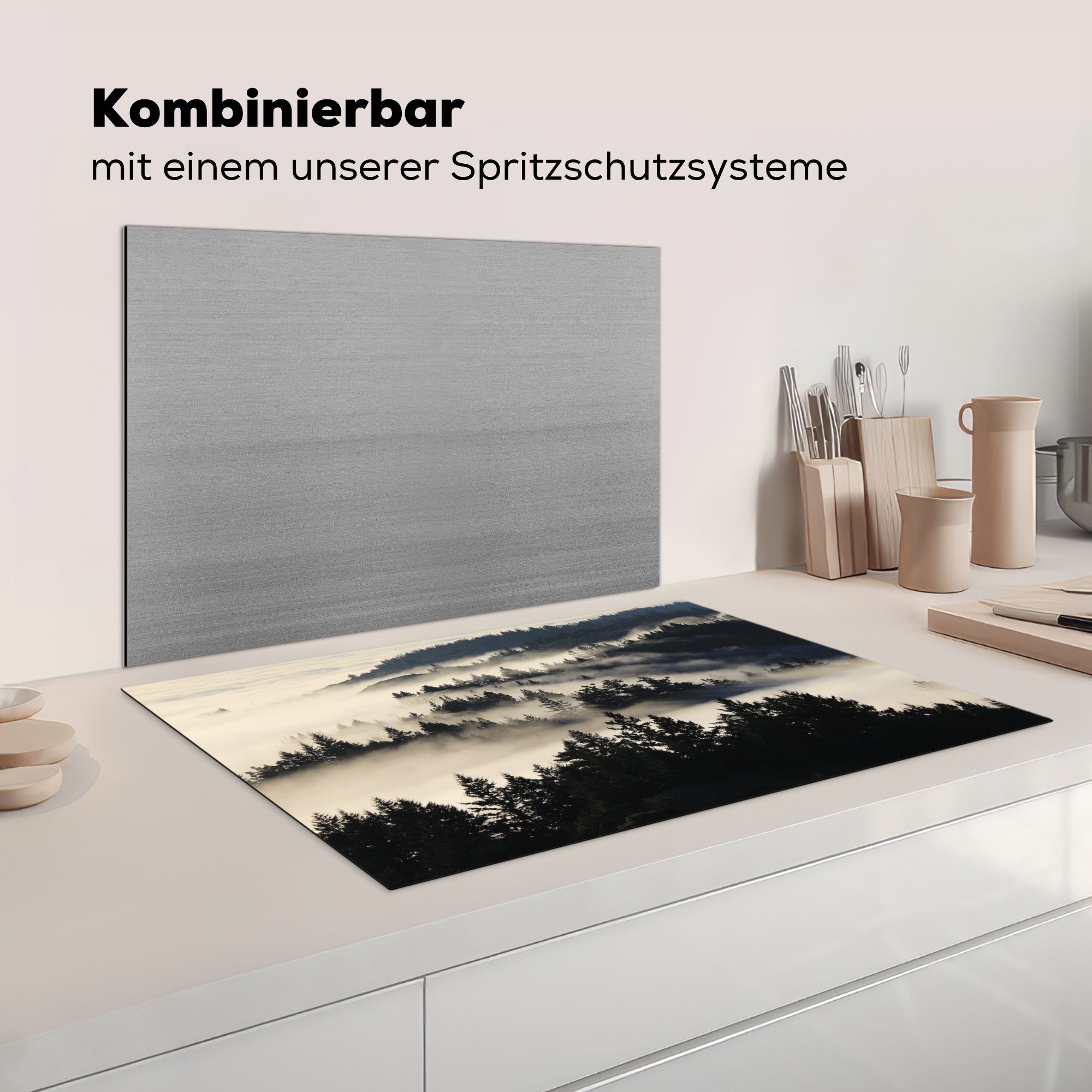 für 81x52 küche, Induktionskochfeld Nebel, Vinyl, Schwarz-Weiß-Illustration Schutz die cm, tlg), Herdblende-/Abdeckplatte von (1 Ceranfeldabdeckung im MuchoWow Redwood-Bäumen