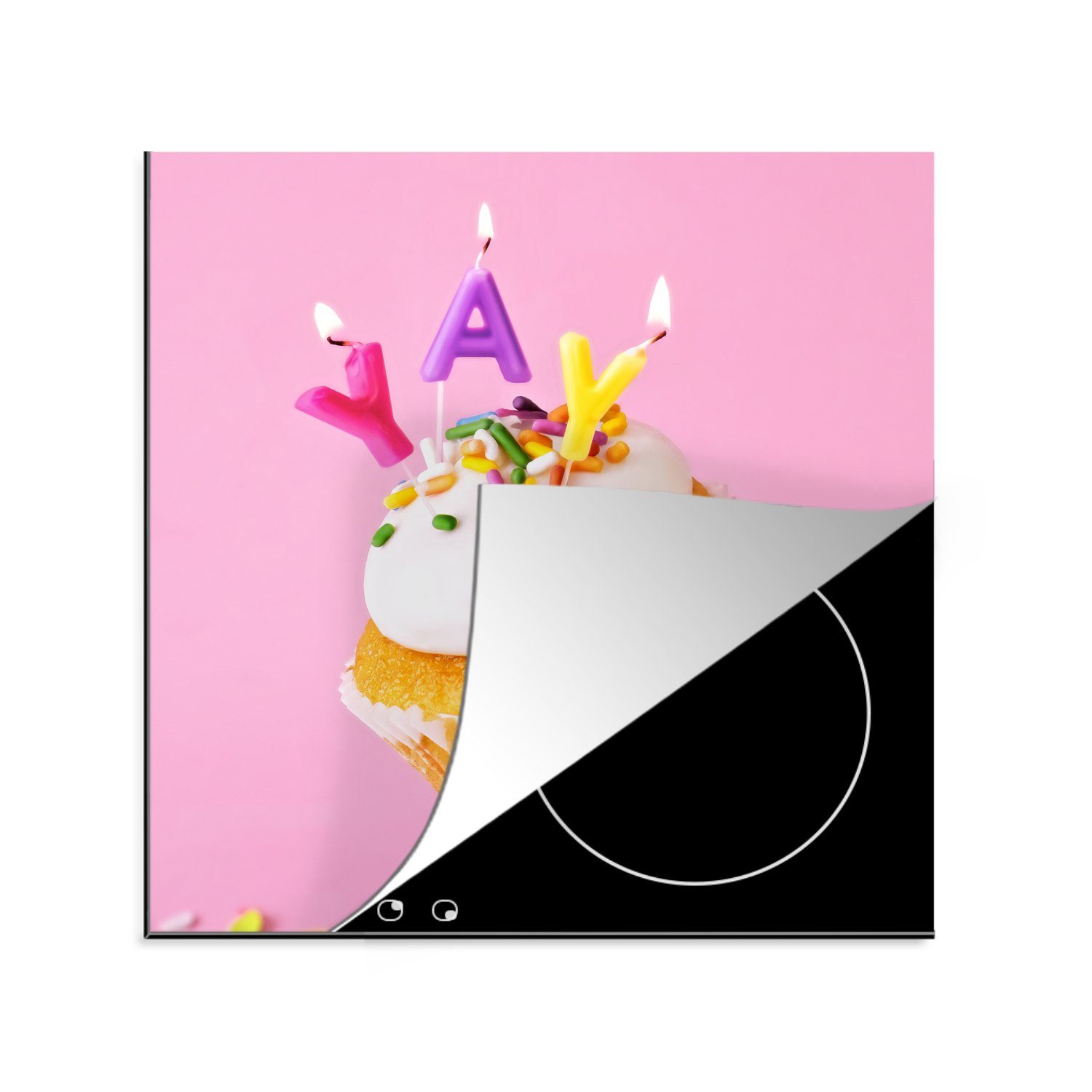 MuchoWow Herdblende-/Abdeckplatte Konfetti-Cupcakes rosa Hintergrund, 78x78 einem (1 Arbeitsplatte küche für cm, Vinyl, Ceranfeldabdeckung, tlg), auf