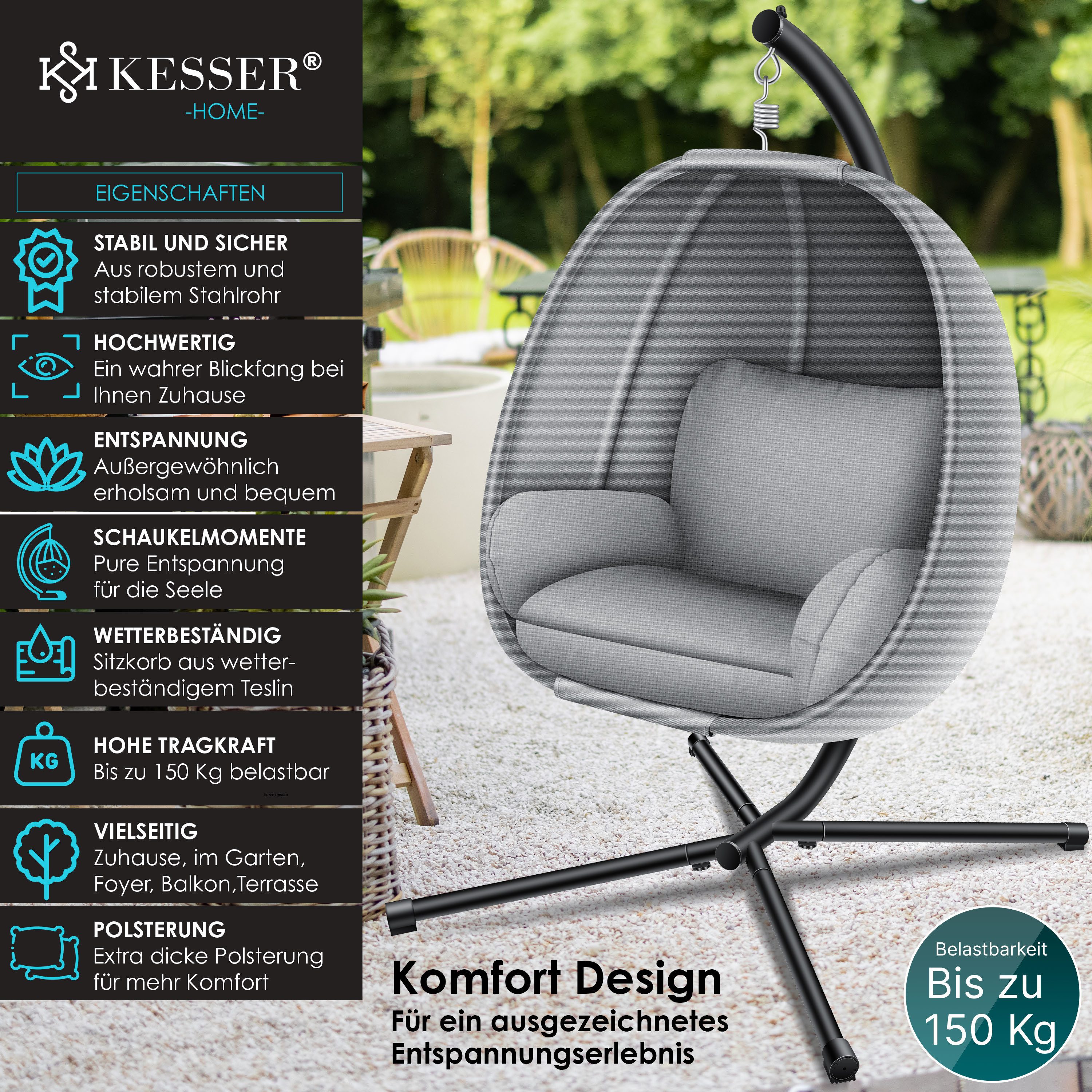 KESSER Hängesessel, Luxe Hängesessel mit Gestell weicher Sitzkissen