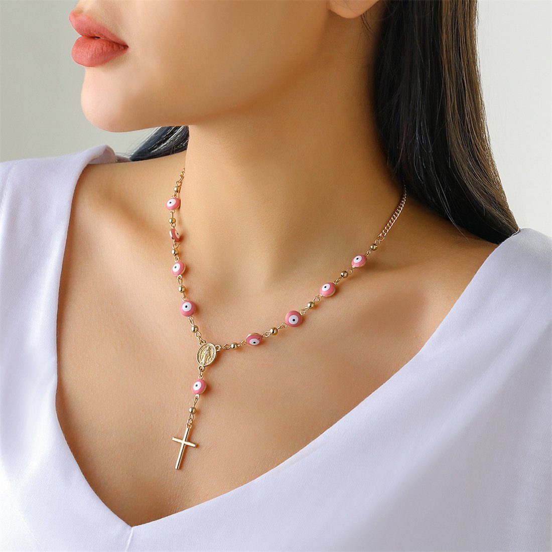 DÖRÖY Choker-Set Kreuz Set, Armband böhmische Vintage Rosa Schmuck Damen Halskette Halskette