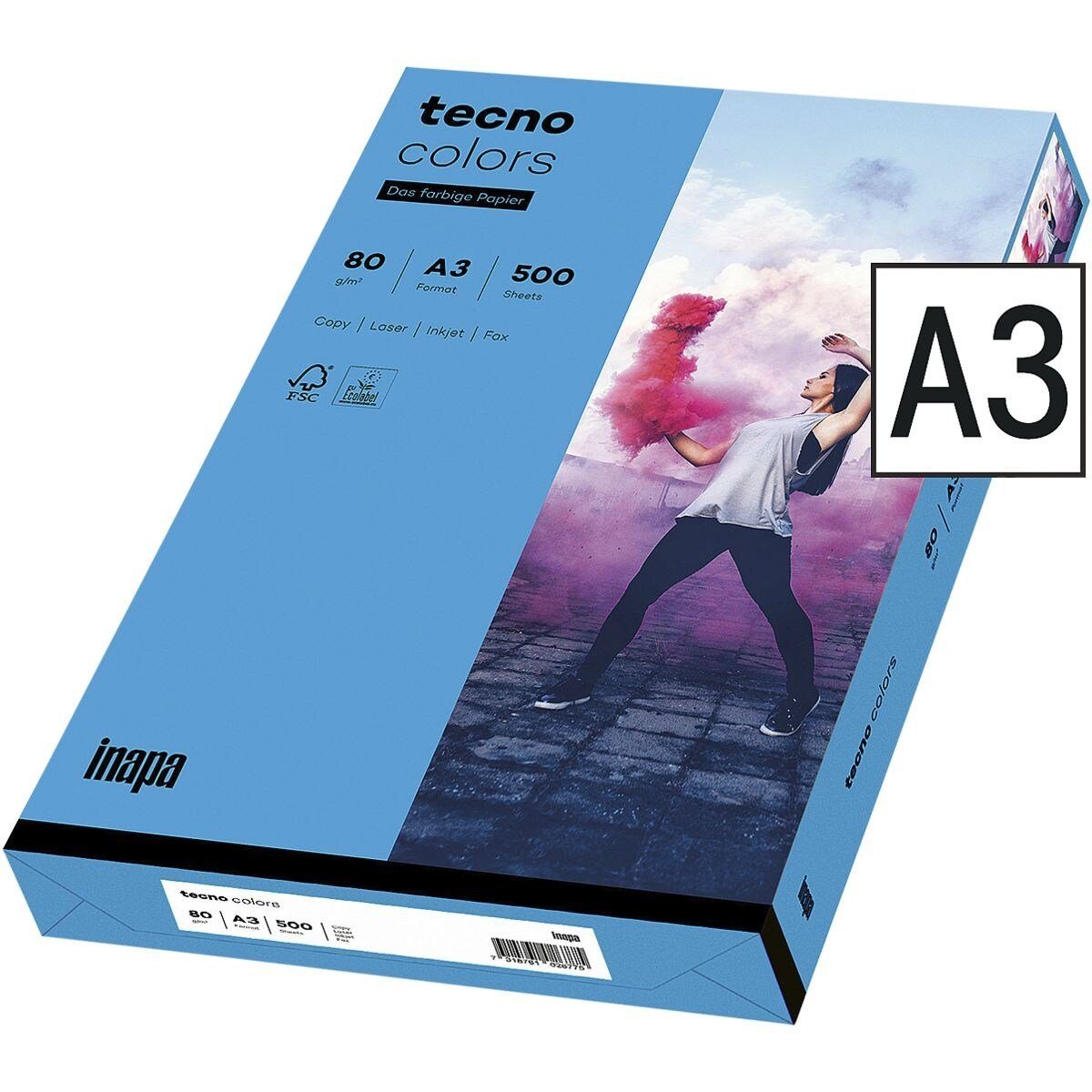 Format Kopierpapier und Colors, A3, 80 500 tecno intensivblau Drucker- Blatt / Rainbow g/m², DIN Intensivfarben, tecno Inapa