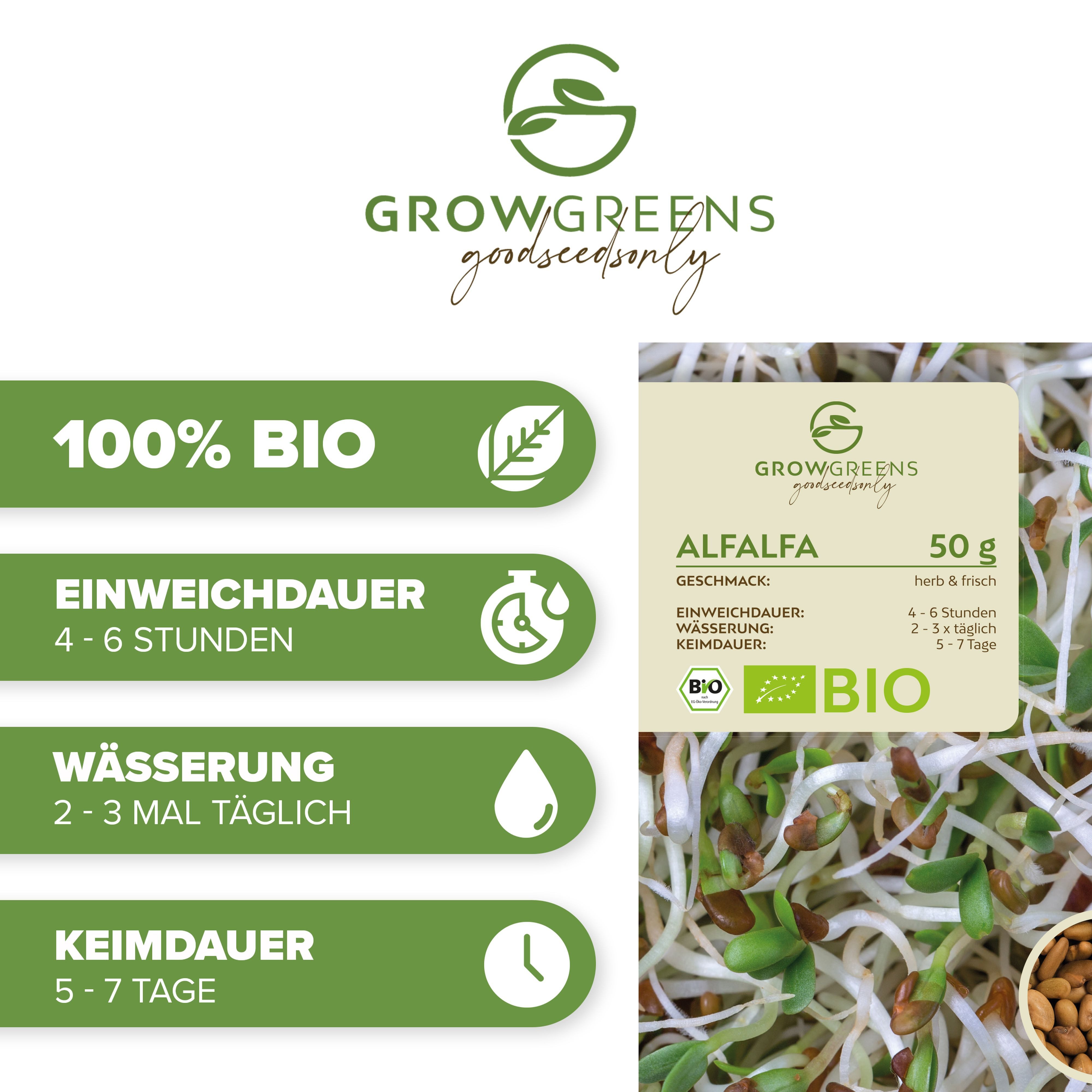 Growgreens Gemüsesamen BIO Alfalfa Sprossen Samen (50g) - Microgreens Saatg günstig online kaufen