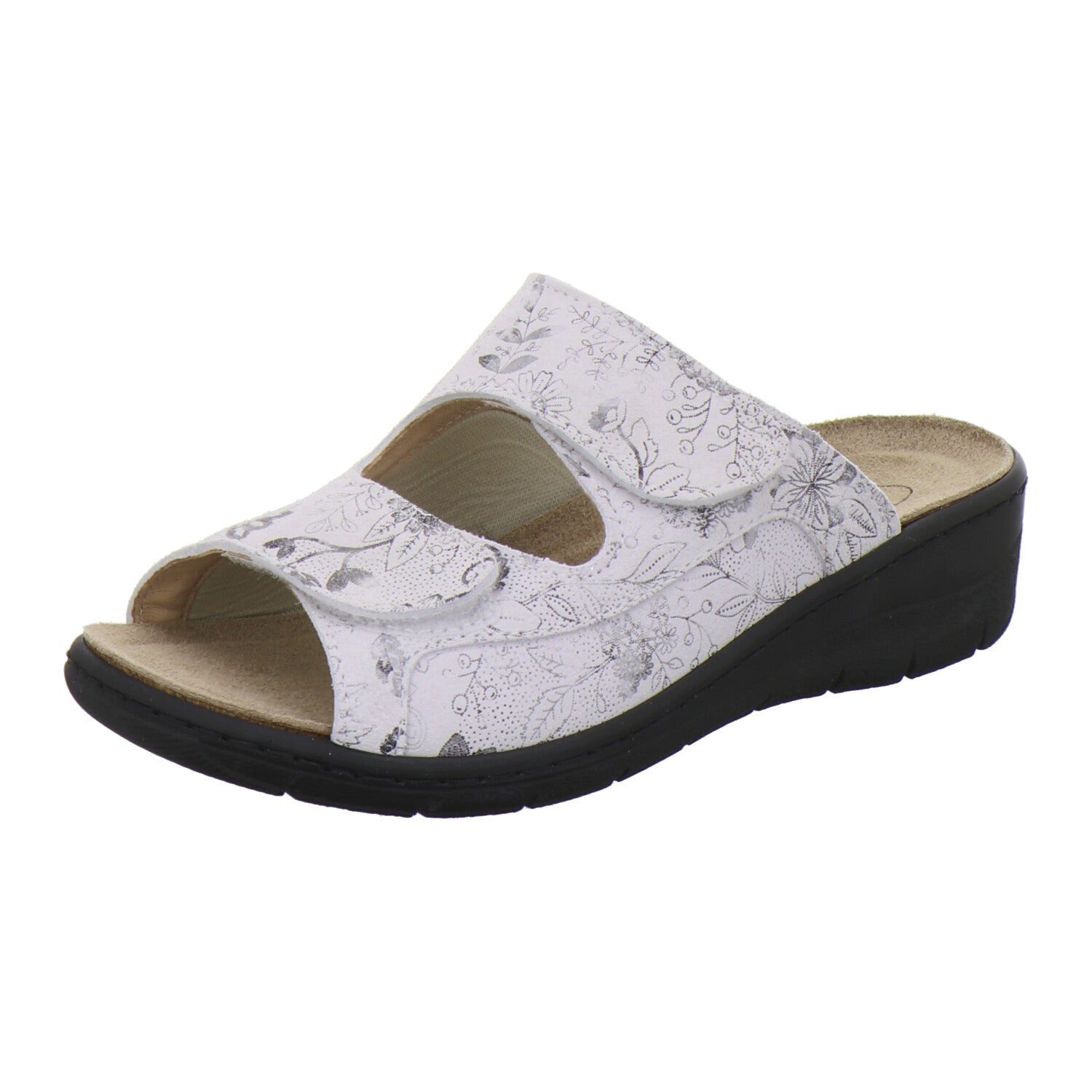 AFS-Schuhe Damen Wechselfußbett Pantolette aus Veloursleder mit Klettverschluss und Keilabsatz, Made in Germany