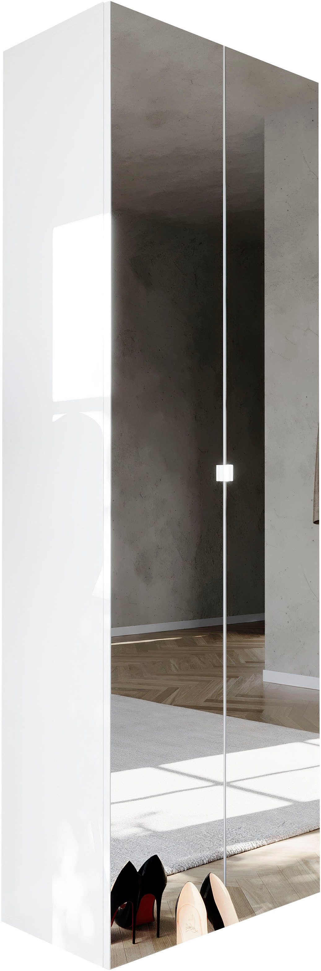 OTTO home Schuhschrank SMILE Höhe 184 cm, Weiß Hochglanz lackiert mit 2 Spiegeltüren, Schuhregal mit 7 Ebenen, Metallgriff, viel Stauraum, 4 Böden variabel
