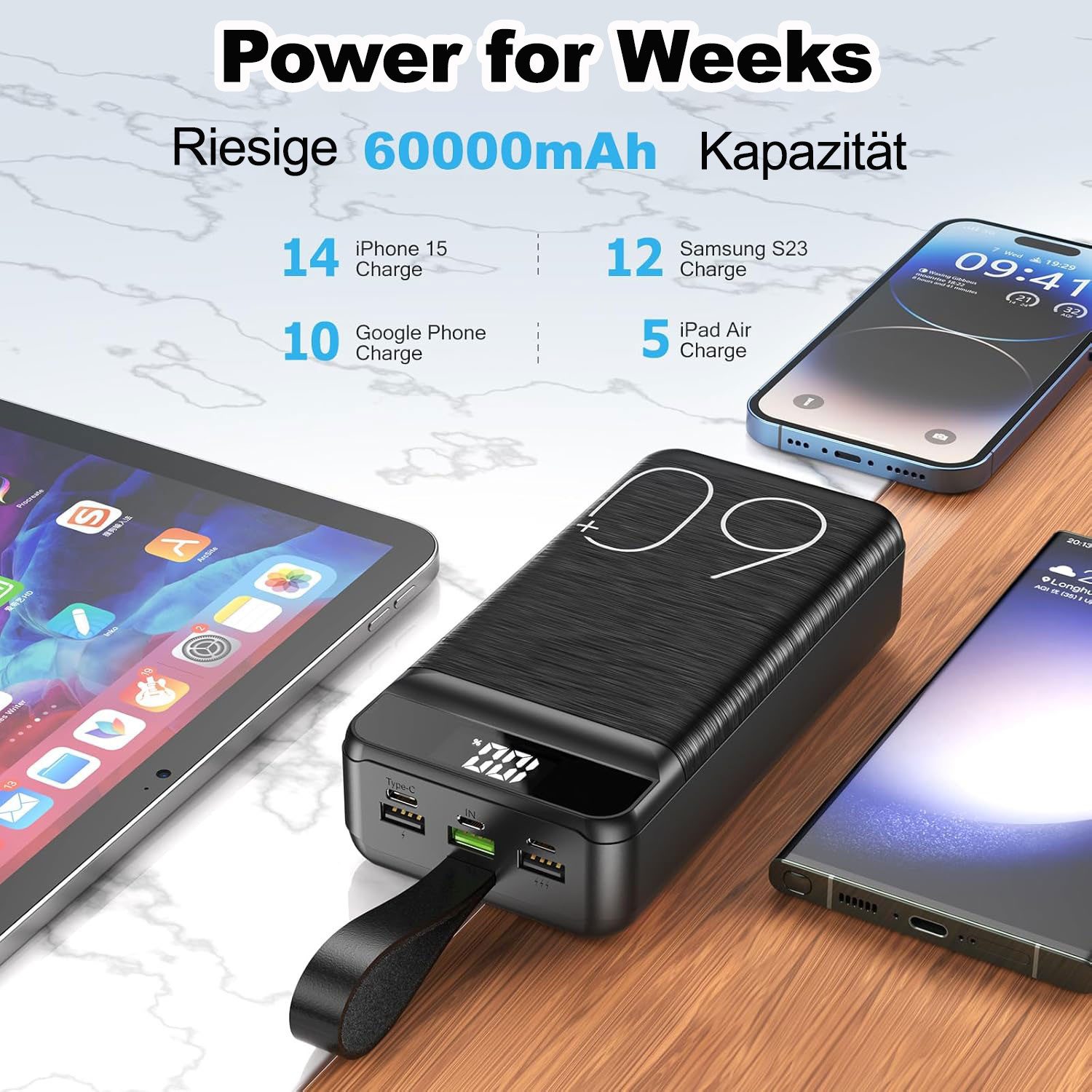Pdgrid 60000mAh 22,5W Schnellladung Tragbares Ladegerät Externe Akku Powerbank 60000 mAh, Hohe Kapazität ;4 Ausgängen & 3 Eingängen
