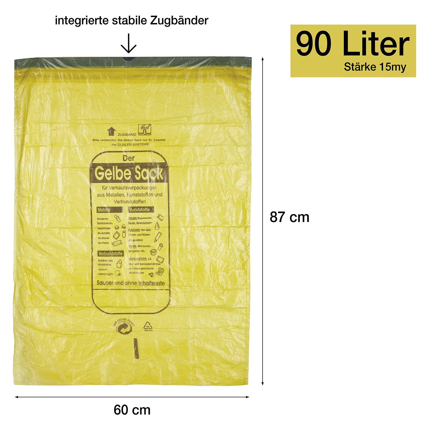 BigDean Müllbeutel 10 Rollen (130 Säcke) 90 L HDPE Gelb ca. 60x87 cm plus 5cm Umschlag, Zubehör für Recycling, Reißfest, Mit Zugband, 90L