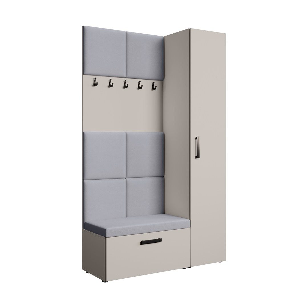 Beautysofa Garderoben-Set MARGARET mit Sitzbank, Kleiderhaken und eintürigem Kleiderschrank, (gepolsterten Paneelen, Höhe: 203 cm), verschiedene Farben und Breiten