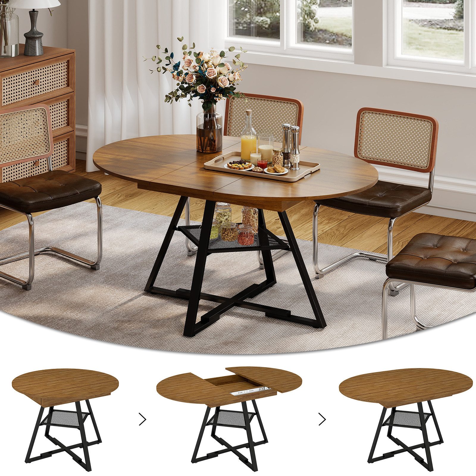 Puluomis Esstisch 100-130cm ausziehbar mit versteckte Fächer, offene Regale, 120kg Tragkraft, für Wohnzimmer, Esszimmer – Bild 2 von 5