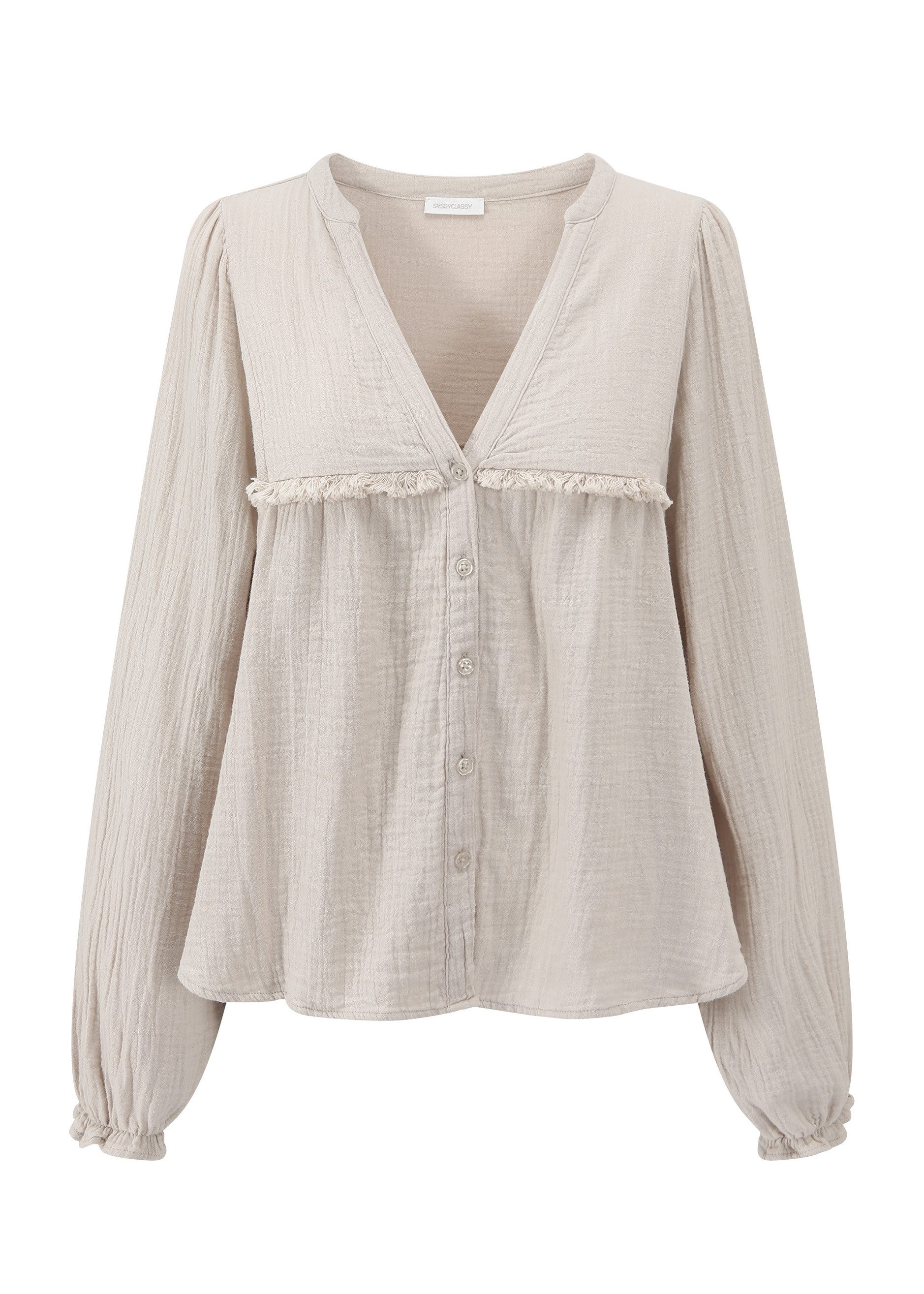 SASSYCLASSY Langarmbluse Musselinbluse Damen mit Fransen und Rüschenärmeln günstig online kaufen