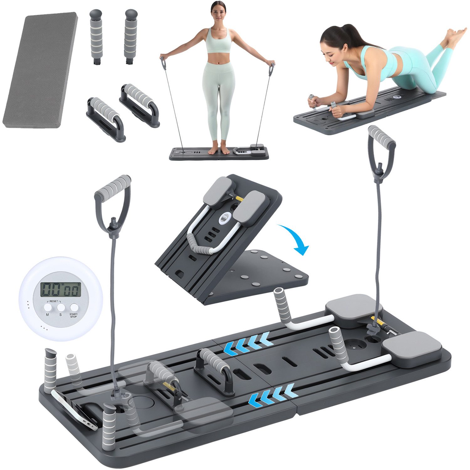 kehot Liegestützgriffe Pilates Board 2026 Verbessertes Faltbarer Pilates-Body-Shaping-Set (Multifunktionales Pilates-Set mit LED-Zähler, Handyhalterung, Bauchtrainer, Ellenbogenstütze, Sportgriffe, Widerstandsband,Yogaboard), für Zuhause und Fitnessstudio