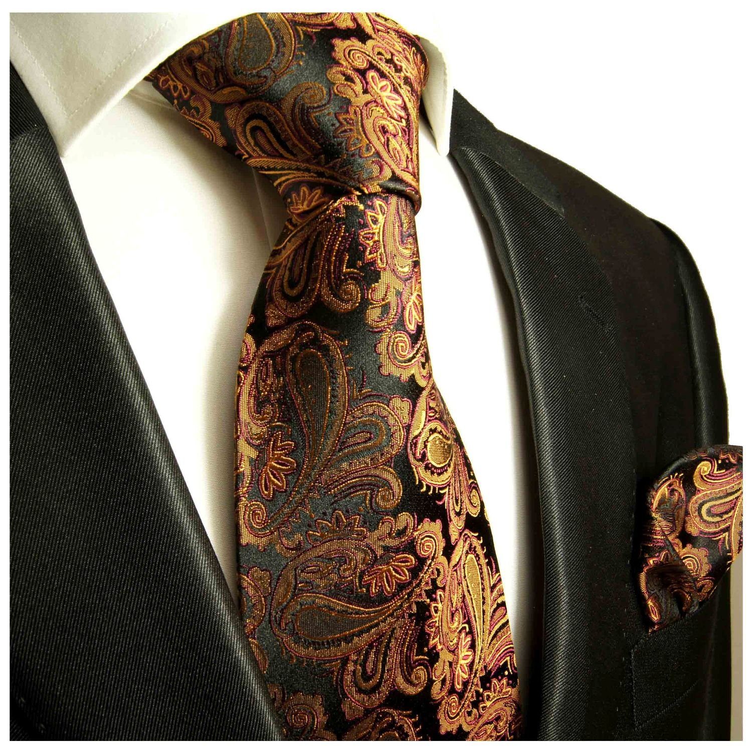 630 modern Herren schwarz mit Krawatte Krawatte braun Malone Tuch (Set, Seidenkrawatte Breit (8cm), Seide Einstecktuch) 2-St., mit rot paisley brokat 100% Paul