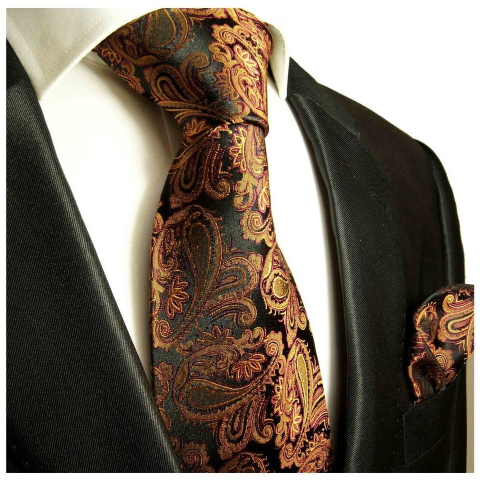 Paul Malone Krawatte Herren Seidenkrawatte mit Tuch modern paisley brokat  100% Seide (Set, 2-St., Krawatte mit Einstecktuch) Breit (8cm), schwarz rot  braun 630