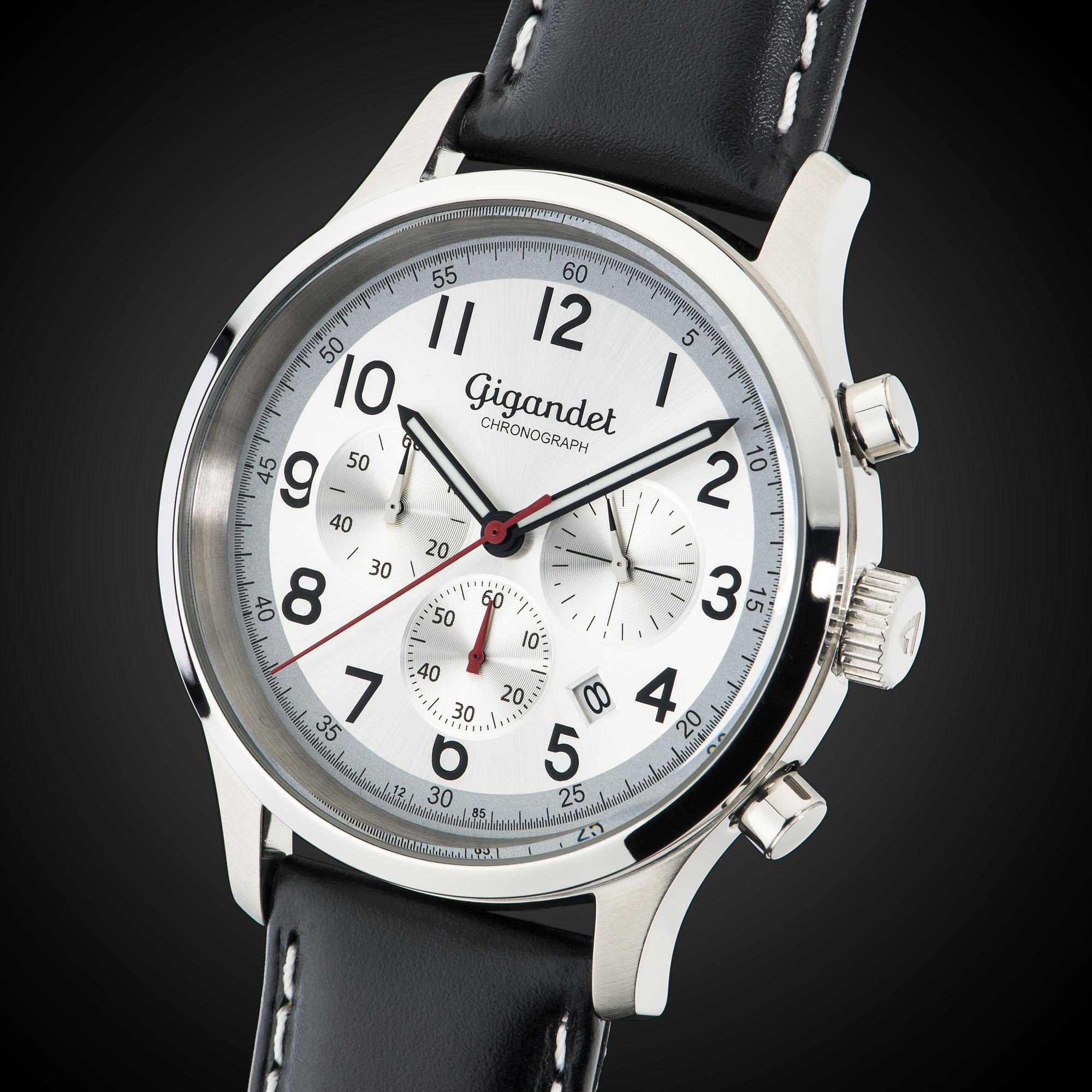 Gigandet Chronograph Armbanduhr, Herrenuhr, Sportuhr, 44mm, EFFICIENCY G50-002, Mineralglas, Datumsanzeige, Lederband, 5bar/50m wasserdicht