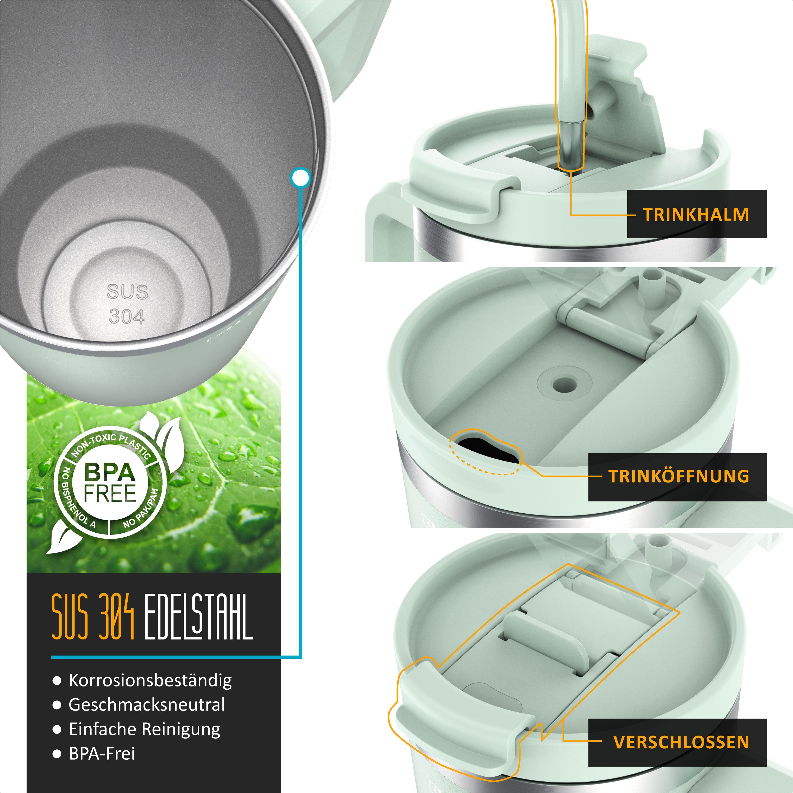 Arendo Thermobecher Thermal Mug 1200 ml, Becher mit Deckel, Henkel und Strohhalm, Tumbler, 1-tlg., Edelstahl, doppelwandig, Vakuumgehäuse aus Edelstahl, luftdichter Verschluss