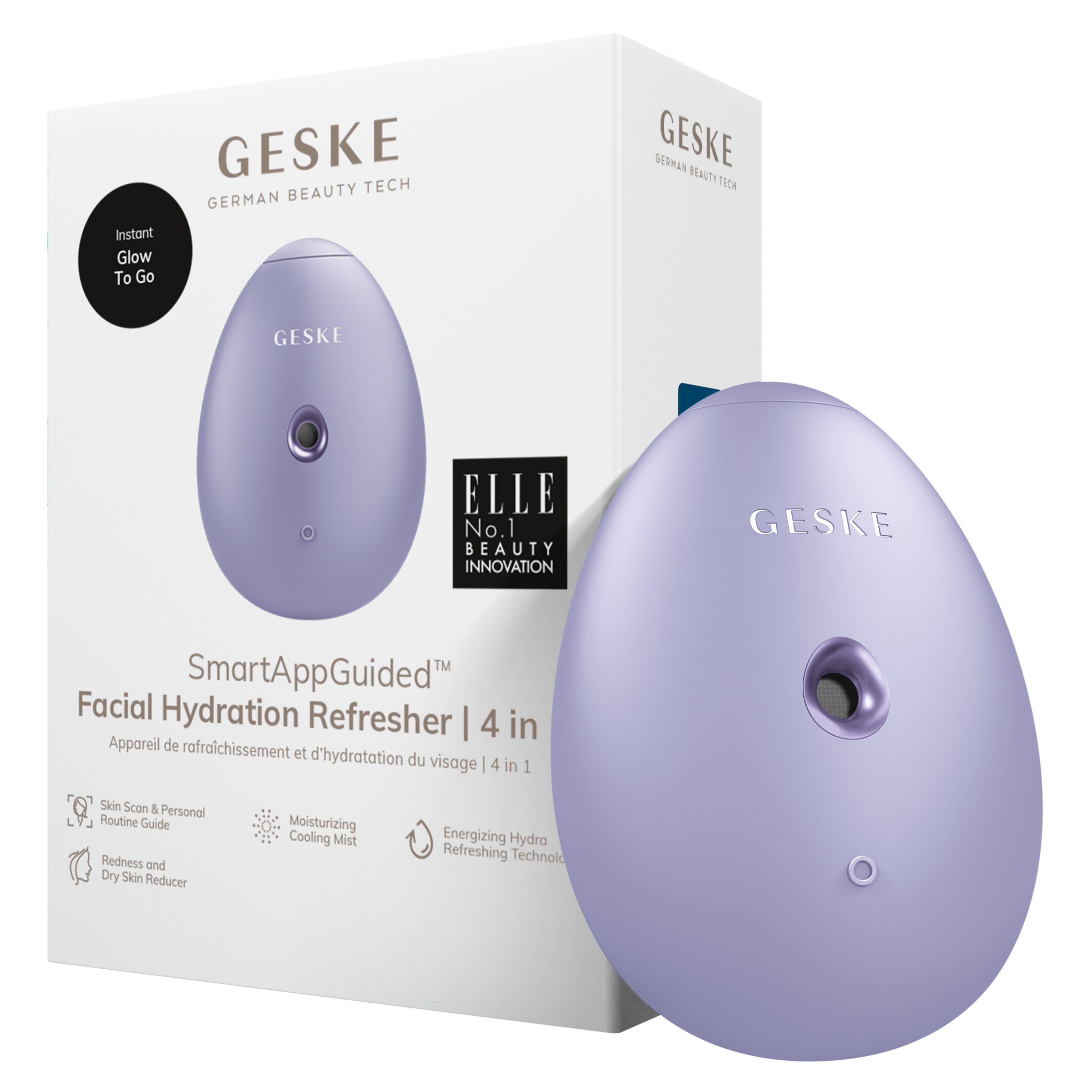 GESKE German Beauty Tech Enhancer SmartAppGuided™ Facial Hydration Refresher 4 in 1, Packung (Gerät & USB-Ladekabel), 2-tlg., Gerät inkl. kostenloser APP (SmartAppGuided Device), Mit der GESKE App erhältst Du deine personalisierte Hautpflegeroutine. Purple