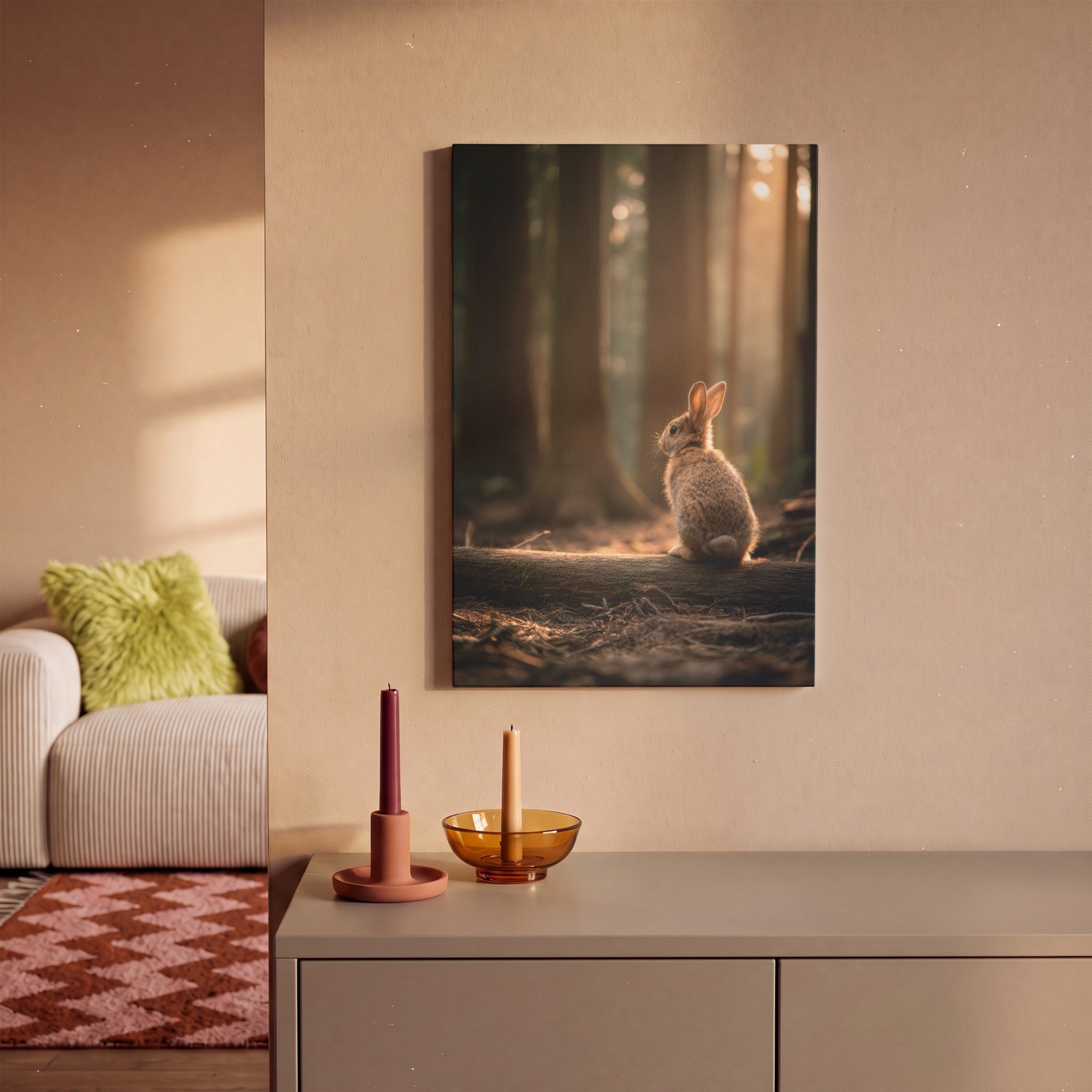 OneMillionCanvasses® Leinwandbild Kaninchen - Wald - Sonnenstrahlen, Fotodruck (1 St), Wandbild, Deko Schlafzimmer Wohnzimmer Flur 20x20 cm – Bild 2 von 5