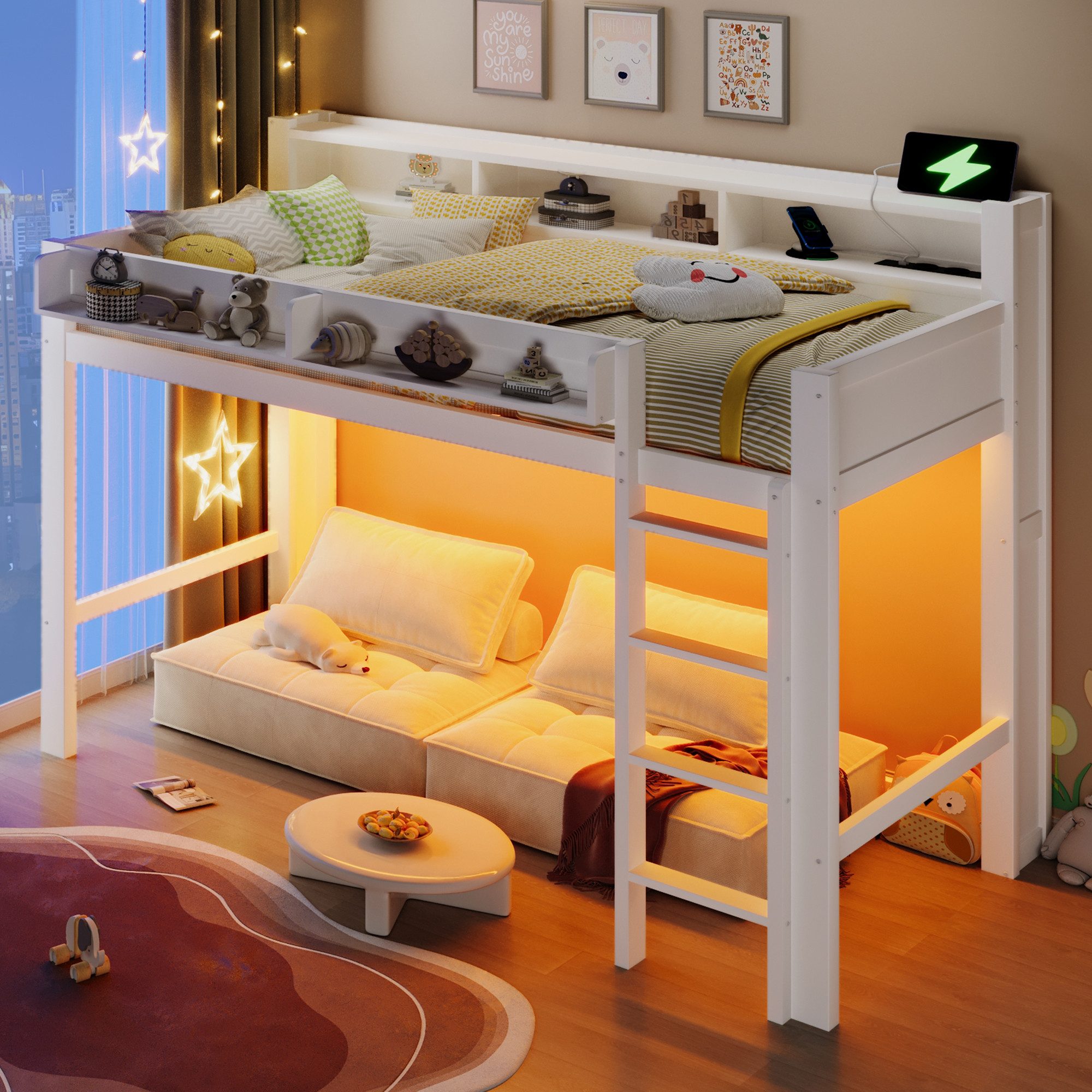 Flieks Hochbett Kinderbett 90x200cm mit Ablagefächern, LED-Beleuchtung und Aufladen – Bild 3 von 5