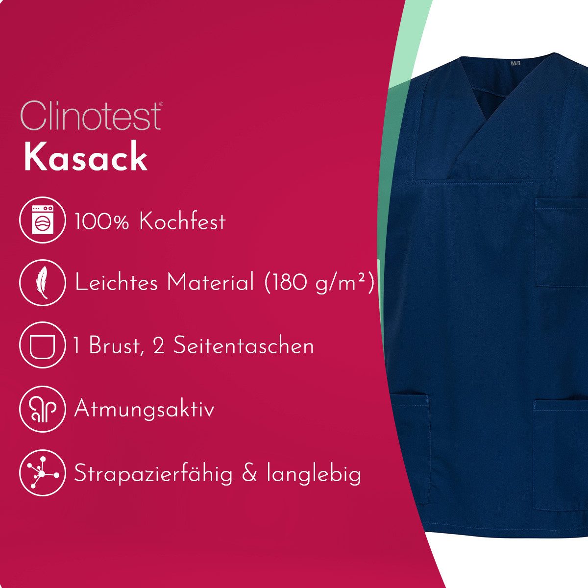 Clinotest Funktionsbluse Kasack Damen & Herren - 95 Grad waschbare, kochfest ohne einzulaufen (1-tlg) Schlupfkasack aus Baumwolle & Polyester - Berufsbekleidung – Bild 2 von 5