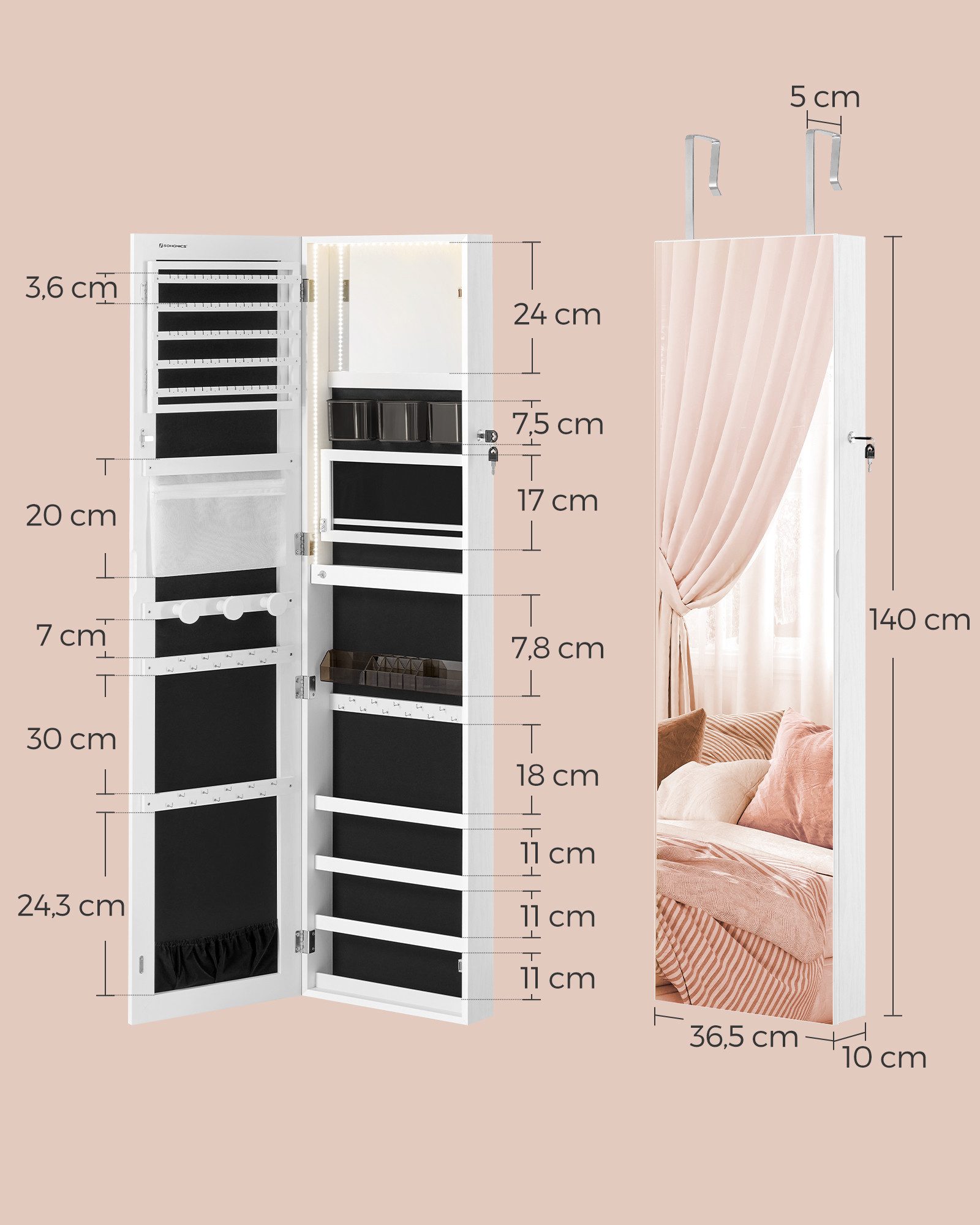 SONGMICS Schmuckschrank Schmuckorganizer Spiegelschrank wand- oder türmontiert mit beleuchtetem Innenspiegel – Bild 5 von 5