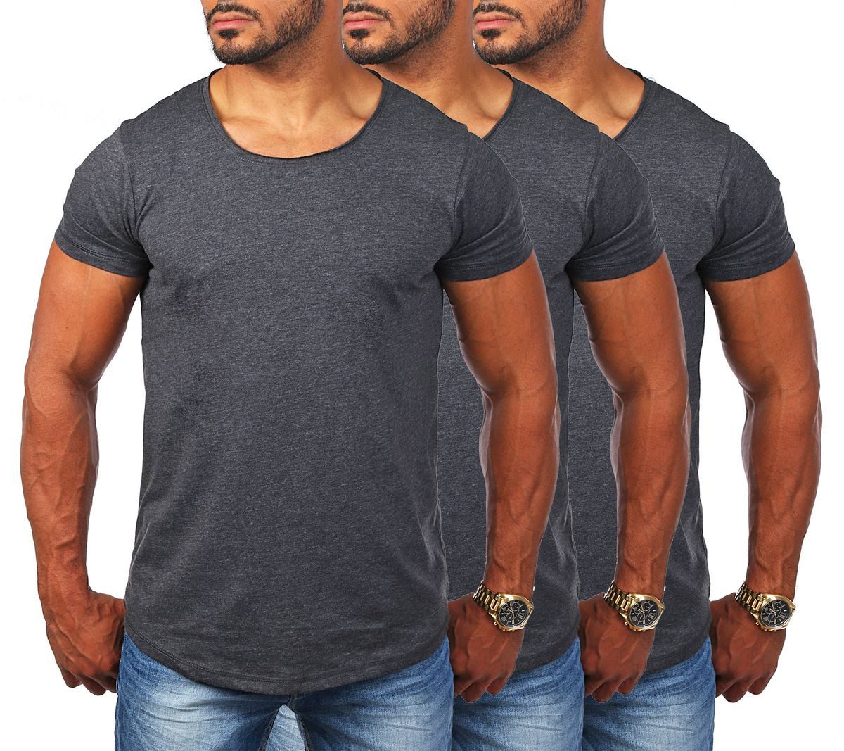 Young & Rich T-Shirt Herren Uni Basic rundhals Ausschnitt vintage Look Unterziehshirt 1702 Rundhalsauschnitt unifarben kurzarm slim fit