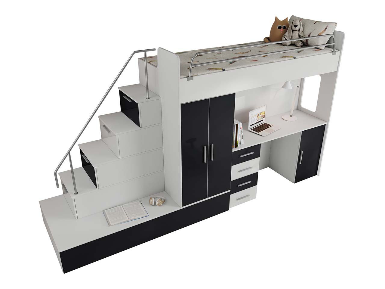 Kleiderschrank, mit Schreibtisch, (Zwei und zwei einem Schrank 5 EDEN MKS MÖBEL mit Jugendbett Schwarz Treppe Schreibtisch, Betten, Schließfächern), Betten, einem