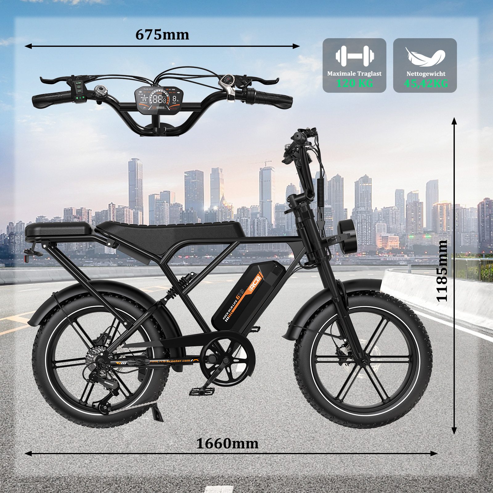 RCB E-Bike Pedelec G19, NFC&APP, 20.8Ah, 60–90 KM range, 20×4.0 inch electric bicycle, 7-speed, derailleur gears, 250W rear motor, 960 Wh