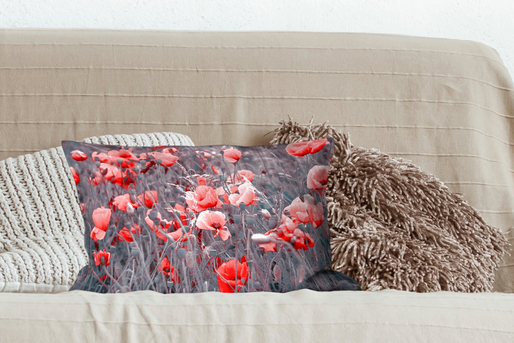 MuchoWow Dekokissen Schwarz-Weiß-Bild, einem Dekokissen in mit Dekoration, Mohnblumen Zierkissen, Füllung, Wohzimmer Rote Schlafzimmer
