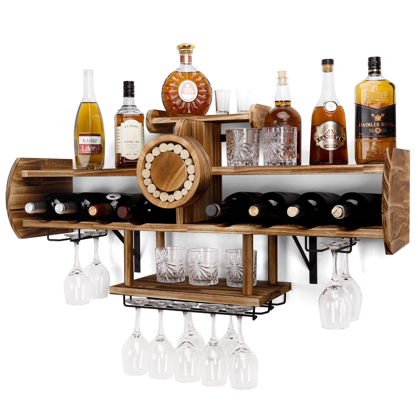 Yorbay Weinregal aus Holz für Hausbar, Wandbar mit Korkhalter, Flugzeug-förmig, Holzregal für Weingläser, Whiskygläser, Wandmontage Wand Flaschenhalter Vintage Stil