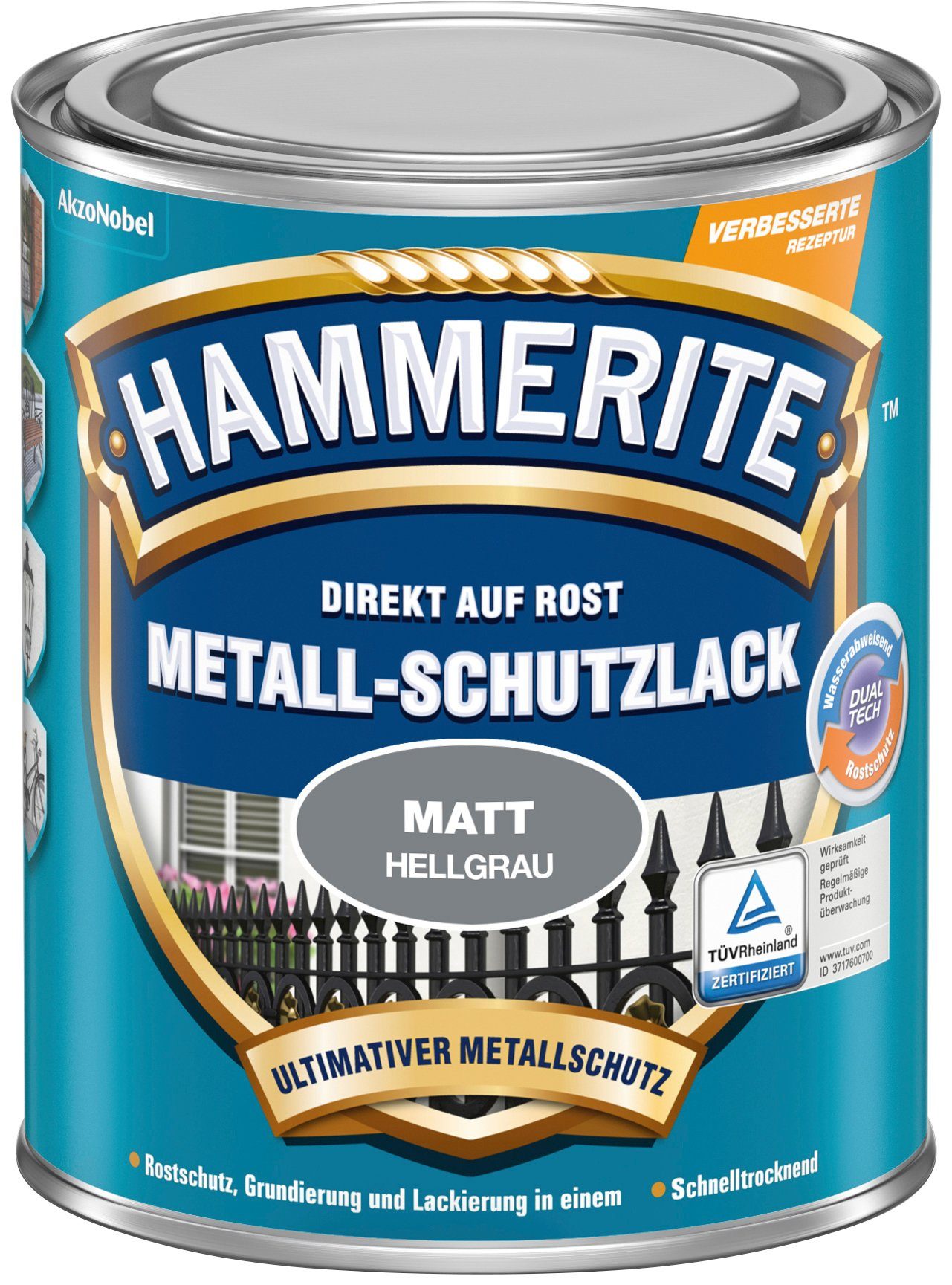 Matt 0,75 Liter Metallschutzlack AUF Hellgrau Hammerite  DIREKT ROST, matt,