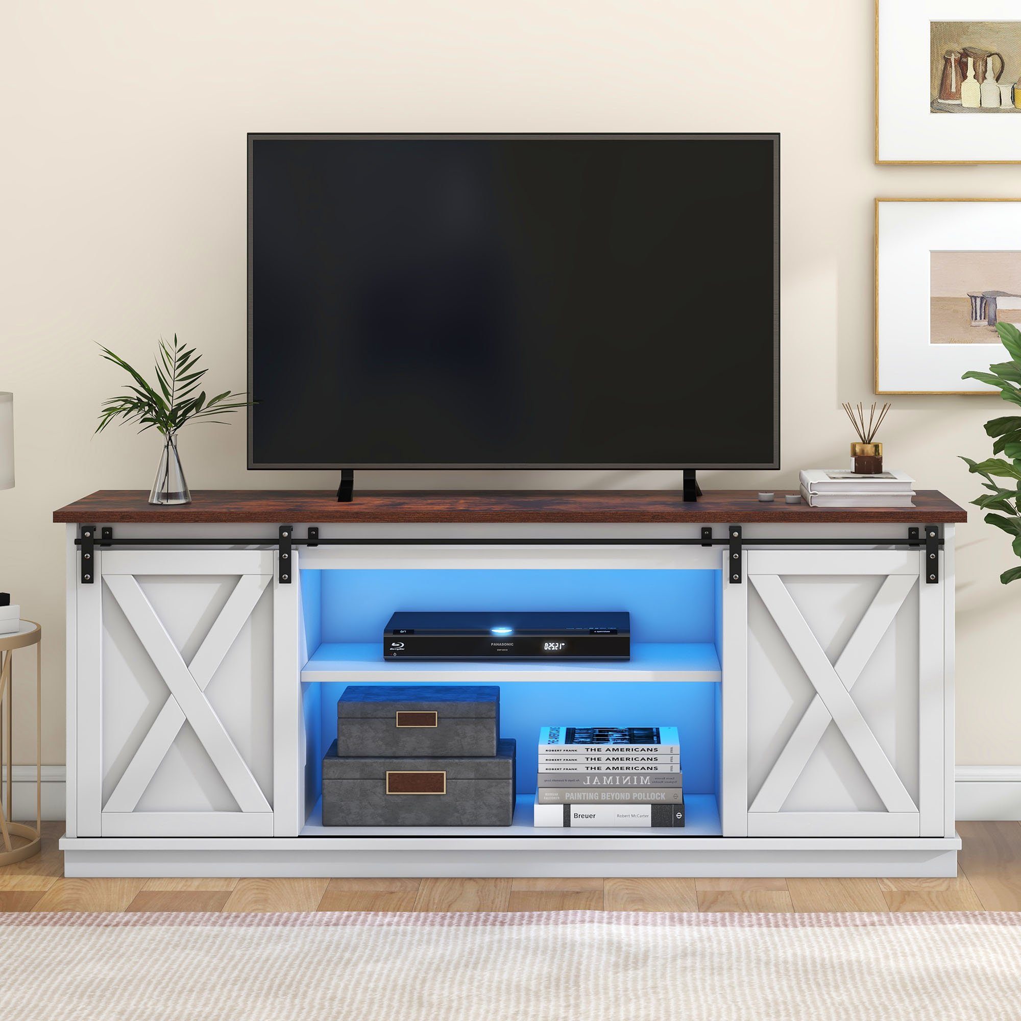 BlingBin TV-Schrank Fächer, Anpassbare LED-Beleuchtung, Verstärktem Boden, Weiß Sideboard Regalböden, 6 (1-St) Schiebetüren, 16-farbige 150×40×60.5cm