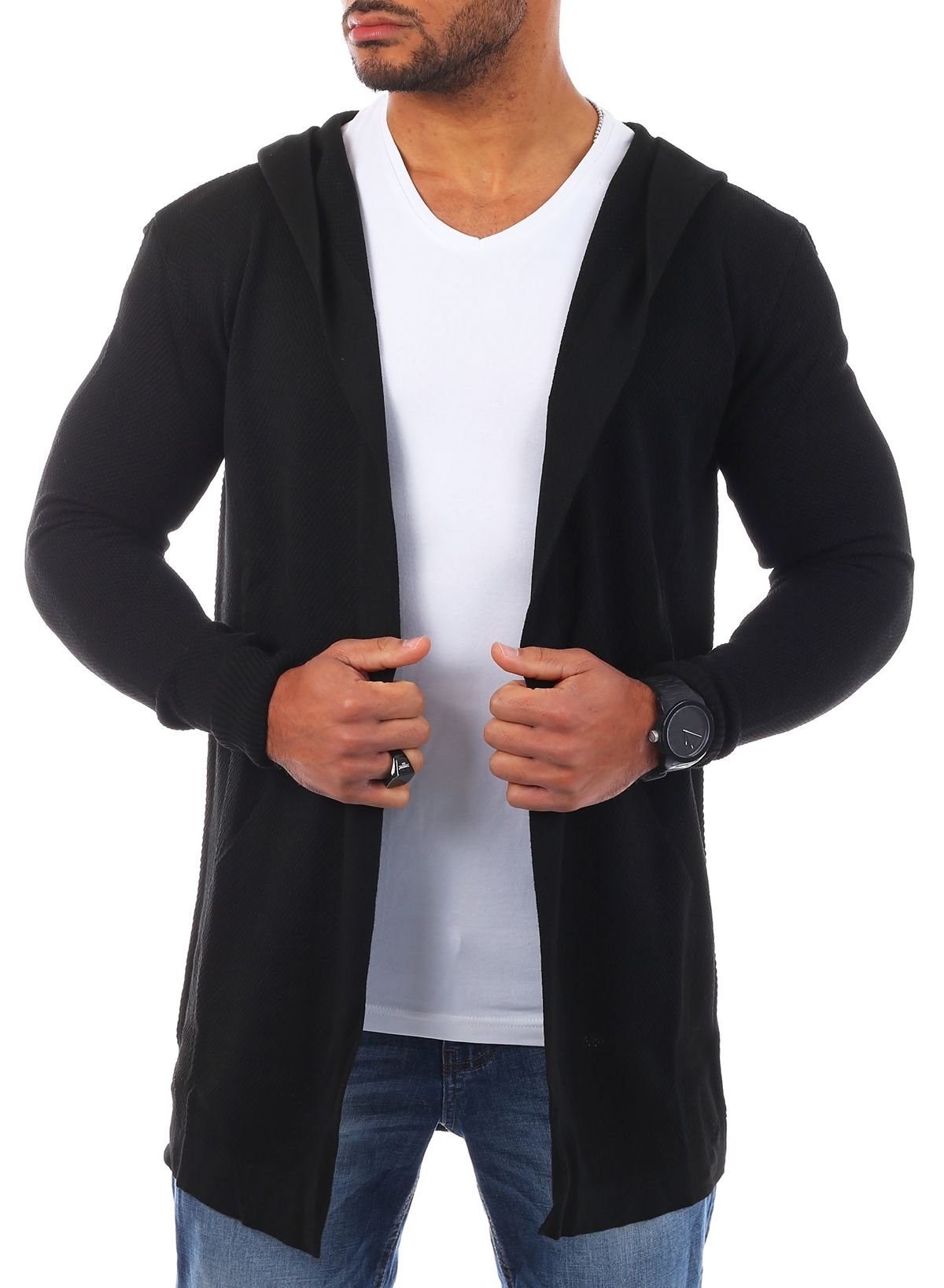 CARISMA Cardigan Herren leichte Herren Feinstrick Weste Strickjacke lange Passform 7717 in Unifarbe Schwarz