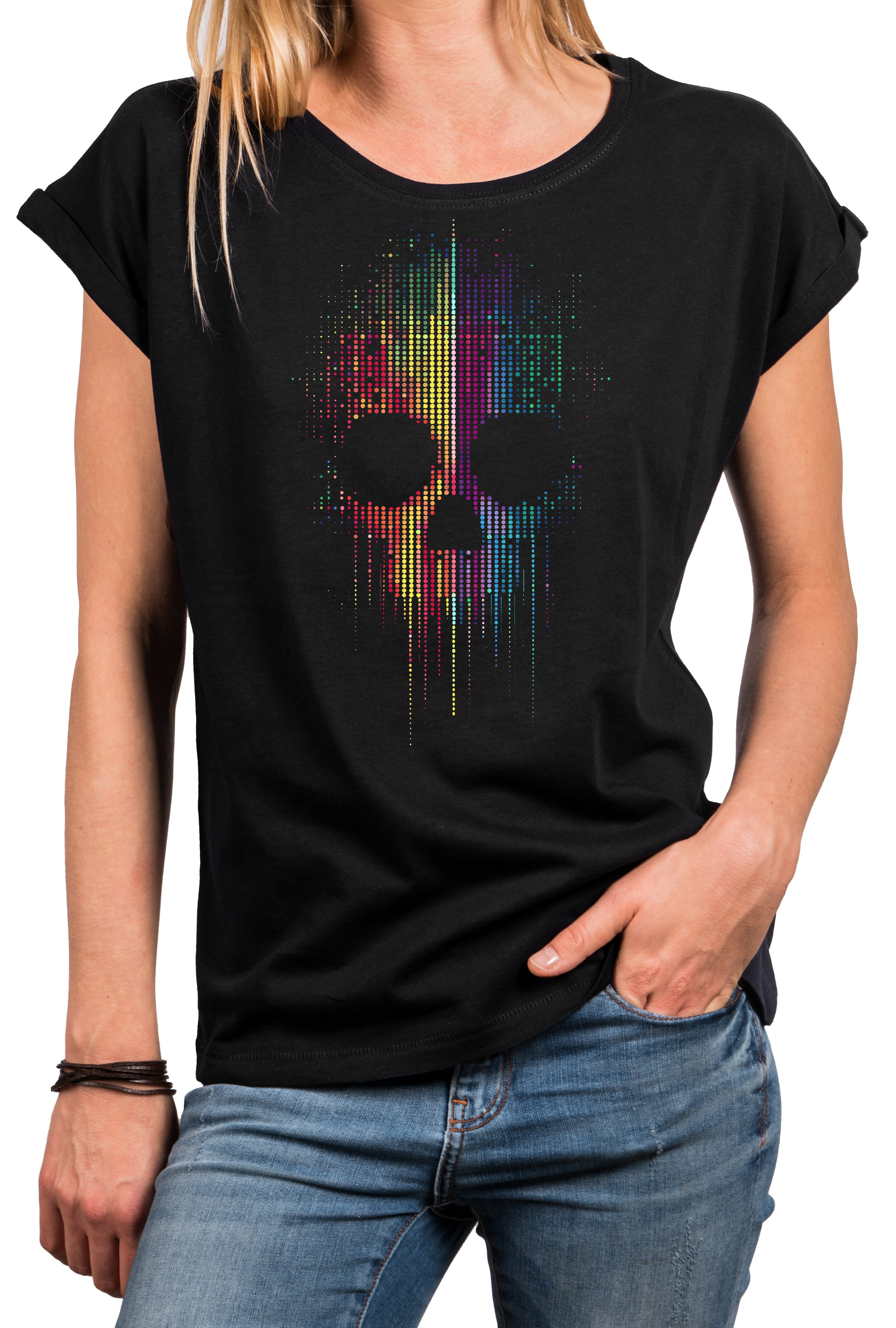 MAKAYA T-Shirt Cooles Gothic Damen-Top mit buntem Skull-Print – Festival-St günstig online kaufen