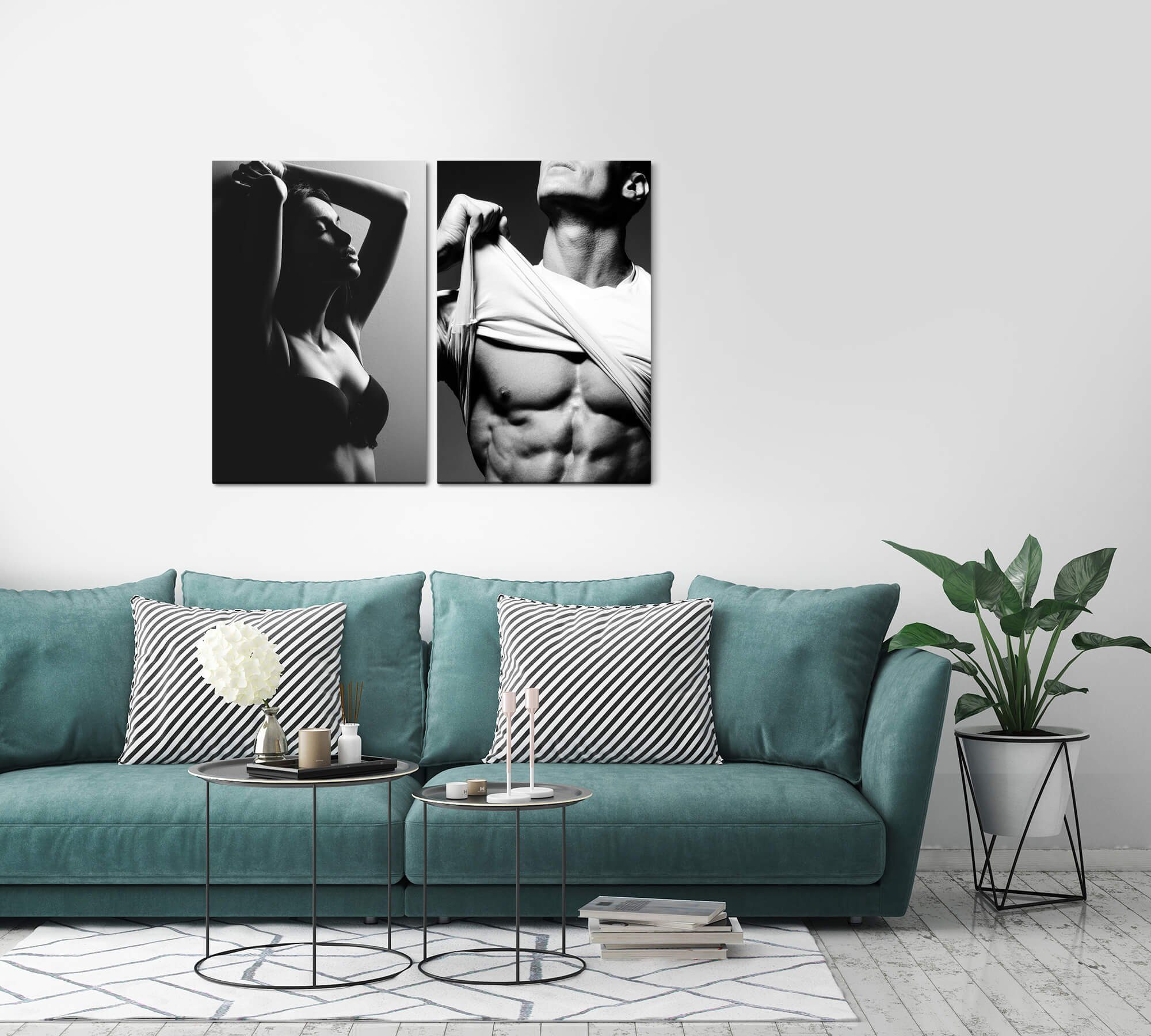Sinus Art Leinwandbild 2 Bilder je 60x90cm Sinnlich Sexy junge Frau Mann Muskulös Bodybuilder Erotisch