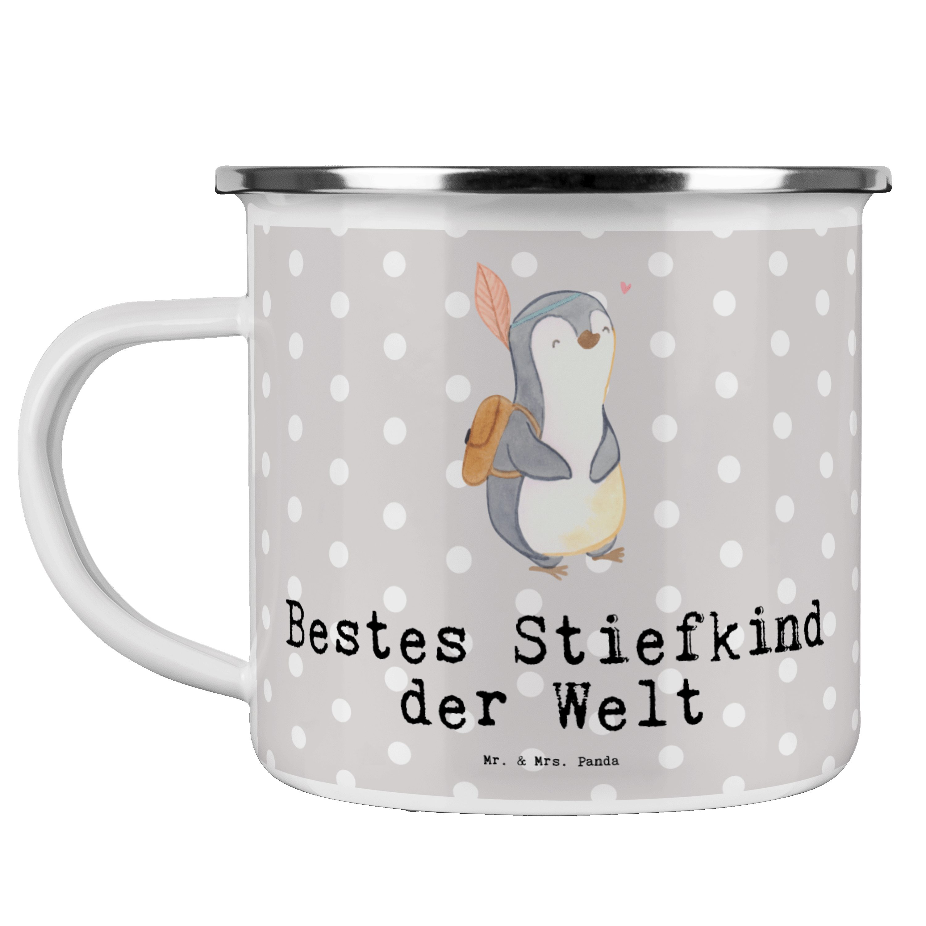 Mr. & Mrs. Panda Becher Pinguin Bestes Stiefkind der Welt - Grau Pastell - Geschenk, Campingt, Emaille